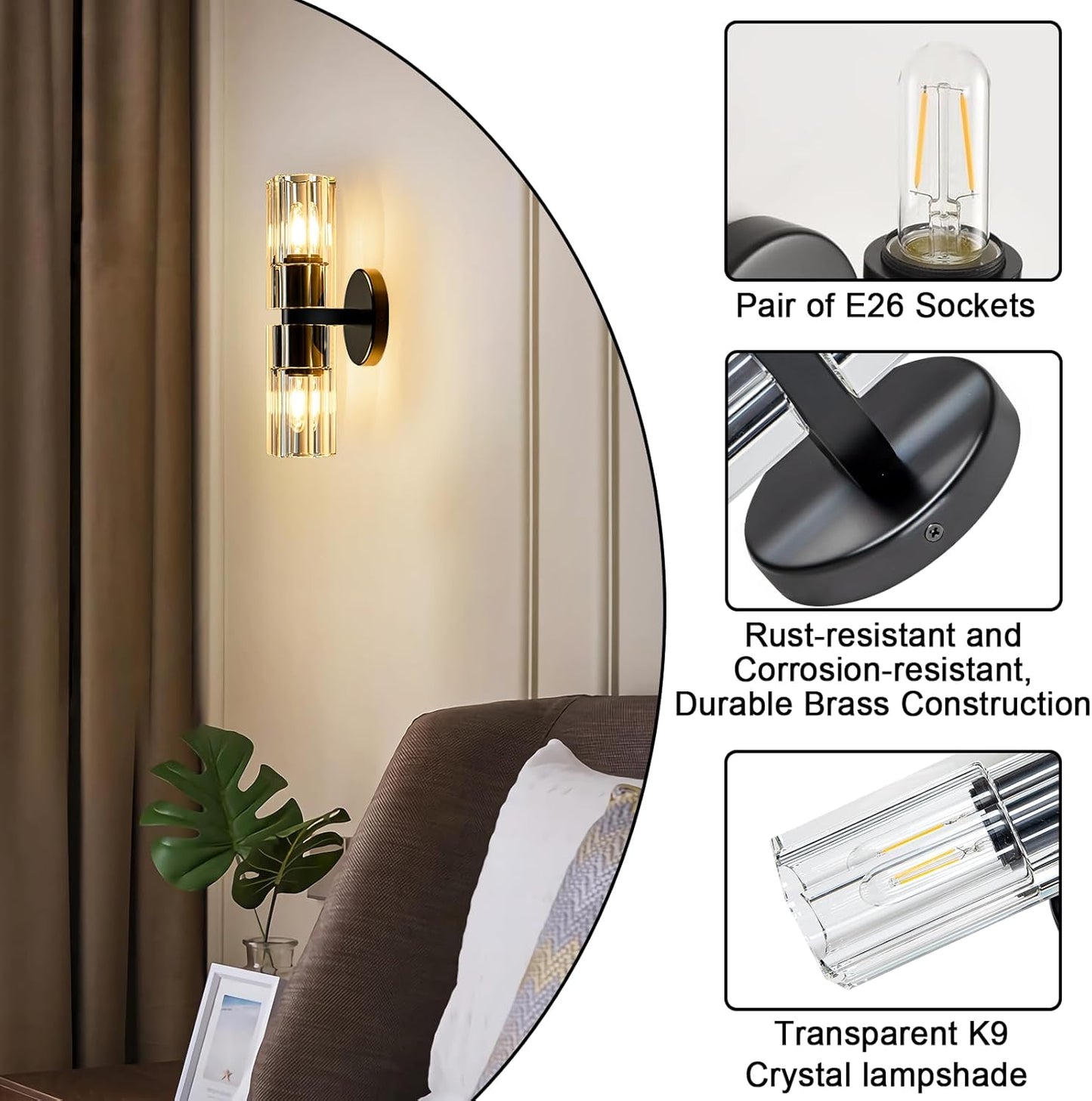 Black Crystal Wall Sconces Set of Two, Wall Sconce Set of 2, Black Sconces Wall Lighting with K9 Crystal Lampshade, Wall Lights for Bedroom Living Room Bathroom Hallway