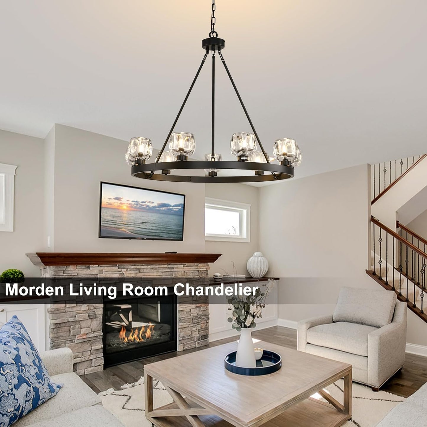 Black Wagon Wheel Chandelier, 36 Inch Black Chandeliers with Unique Glass Shade, 9-Light Crystal Farmhouse Wagon Wheel Chandeliers for Dining Room, Round Chandelier for Living Room, Foyer, Entryway