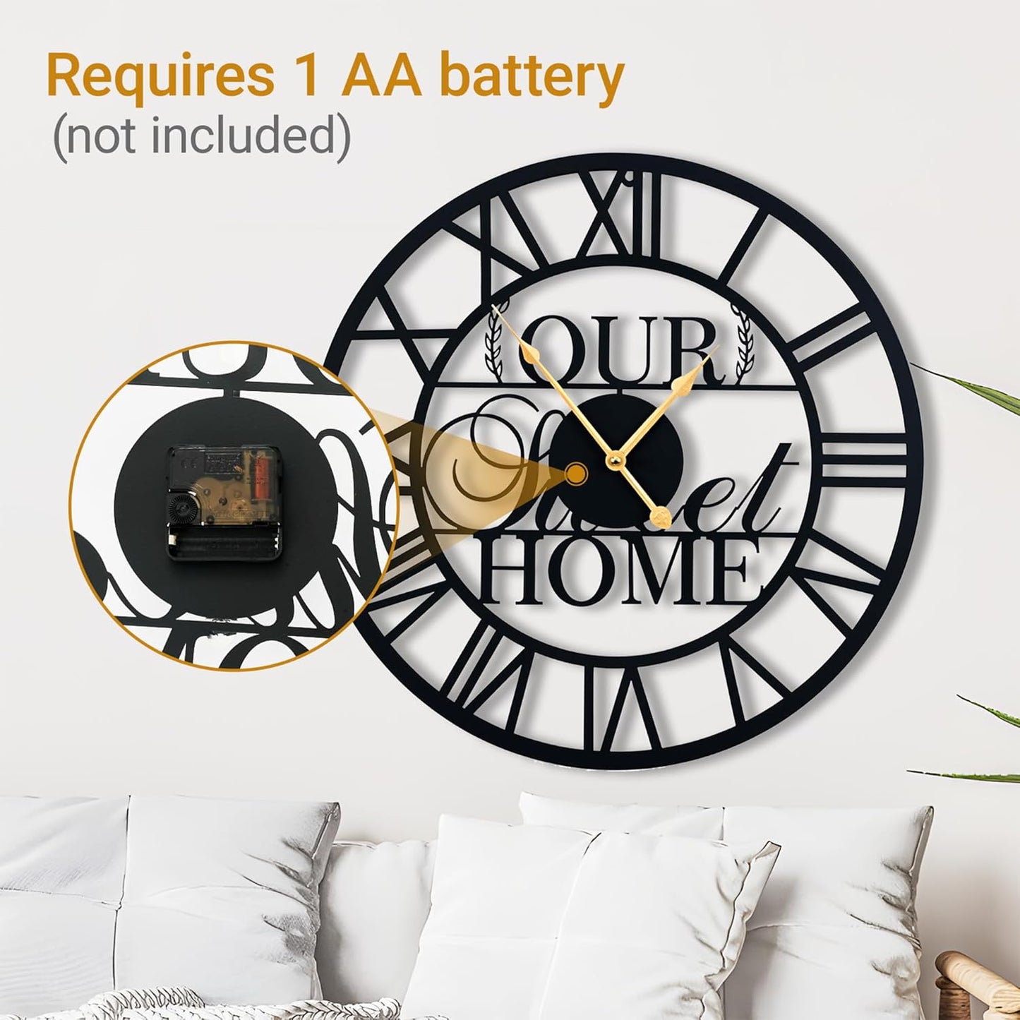 LBC.JzJu24inches/60cm Large Wall Clocks Battery Powered No Ticking Silent Round Black Modern Unique Metal Wall Clocks Suitable Living Room Kitchen Bedroom Fireplace Office Farmhouse。
