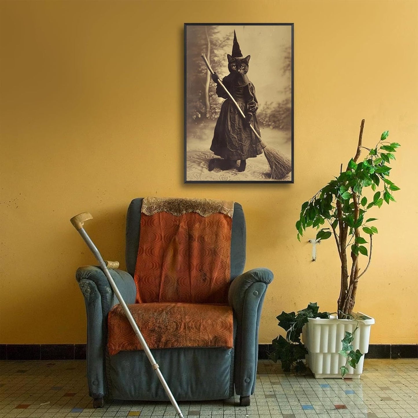 Halloween Decor Posters Black Cat Witch Canvas Wall Art Vintage Spooky Print Of Gothic Room Family Dark Academia Decorations Creepy Picture Poster Aesthetic 24X36inch Aluminum Framed