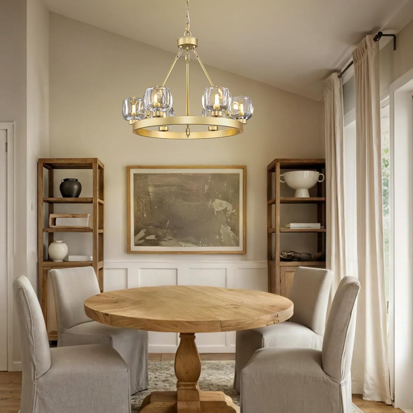 Gold Wagon Wheel Chandelier, 24 Inch Brass Chandeliers with Unique Glass Shade, 6-Light Crystal Farmhouse Wagon Wheel Chandeliers for Dining Room, Round Chandelier for Living Room, Foyer, Entryway