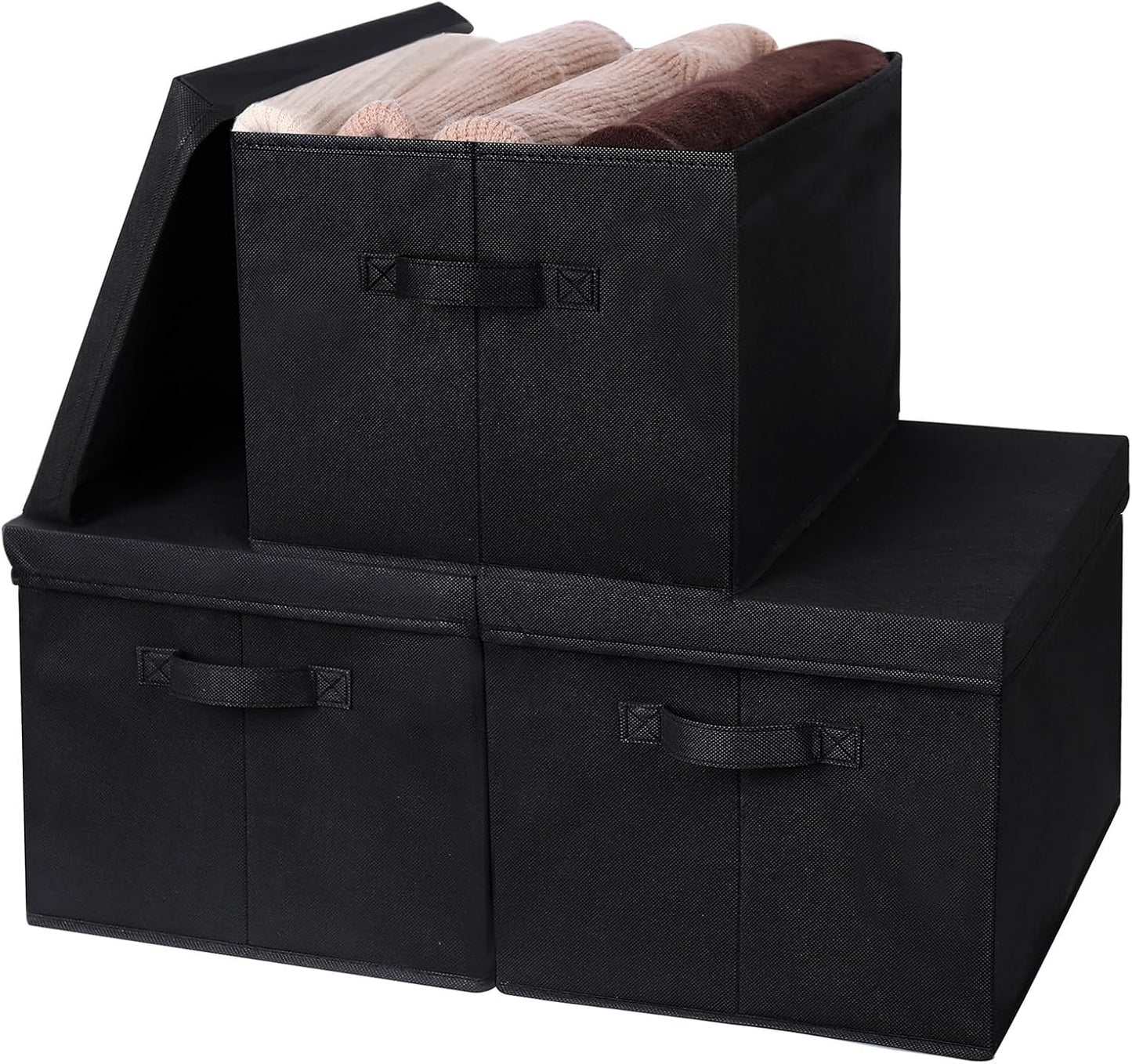 WUIKE Closet Storage Bins with Lids, Foldable Fabric Clothes Storage Bins for Organizing, Closet Organizer Boxes for Shelves, Black, Extra Large, 3-Pack