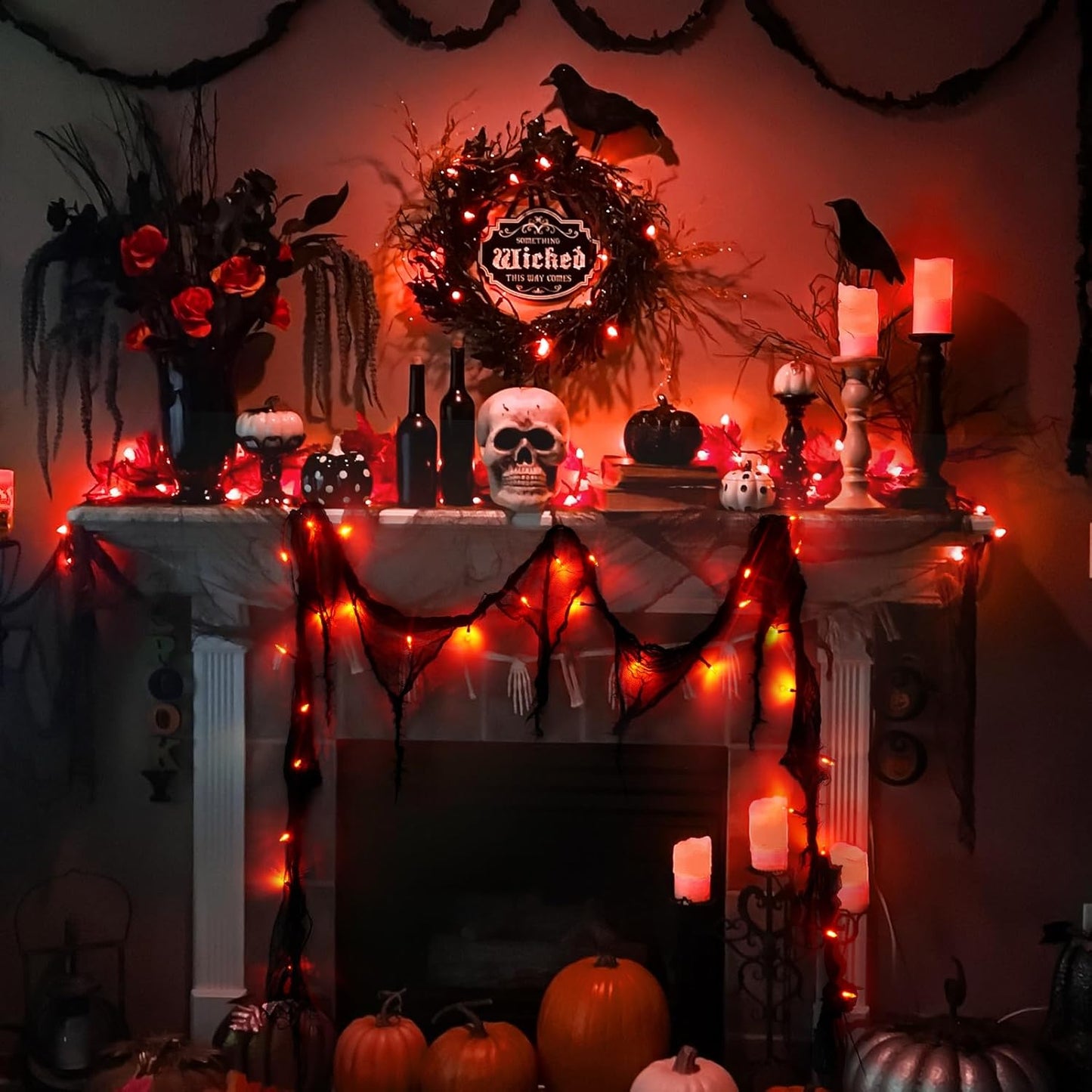 Halloween Horror Atmosphere Lights, Orange&Purple LED String Lights with 9.9FT Creepy Black Gauze, Battery Powered with Timer & 8 Flashing Modes (2 Pack Red)