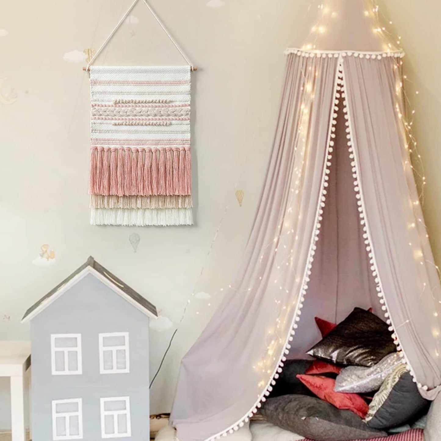 Dremisland Macrame Woven Wall Hanging Home Decor Bohemian Beige Geometric Wave Art Decor with Wool Ball and Tassle-Elegant Apartment Bedroom Dorm Room Door Decoration (Pink Line)