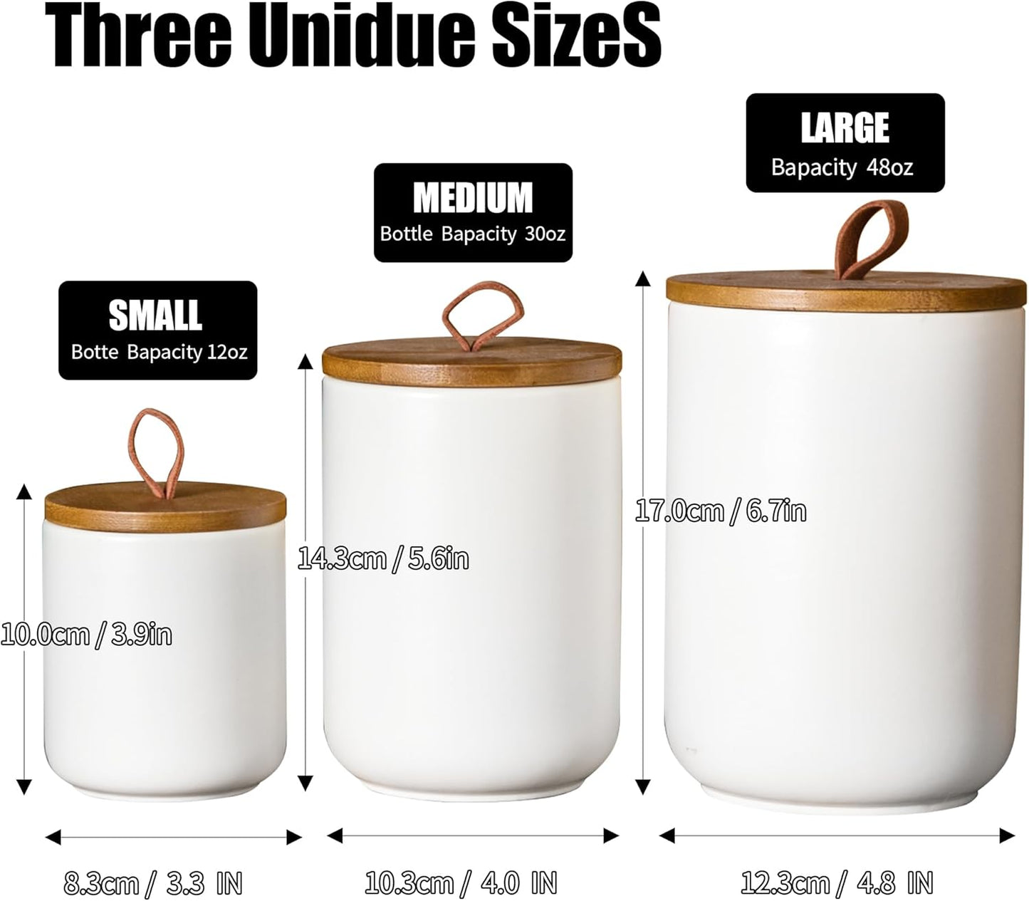 JOJUNO White Ceramic Canister Set with Wooden Lid, 3-Piece Airtight Food Storage Jars for Kitchen Counter - Flour, Sugar, Coffee, Tea, Spice - Small, Medium, Large Sizes