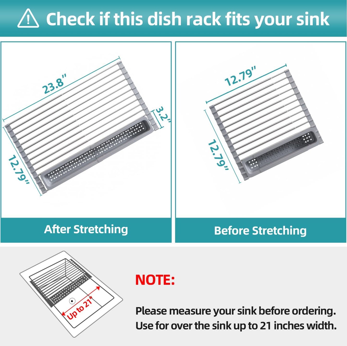 Roll Up Dish Drying Rack, Expandable (12.8"-23.8" D x 12.8" W) Stainless Steel Portable Drainer for Kitchen Sink Counter, Foldable Over The Sink Cover with Removable Utensil Holder