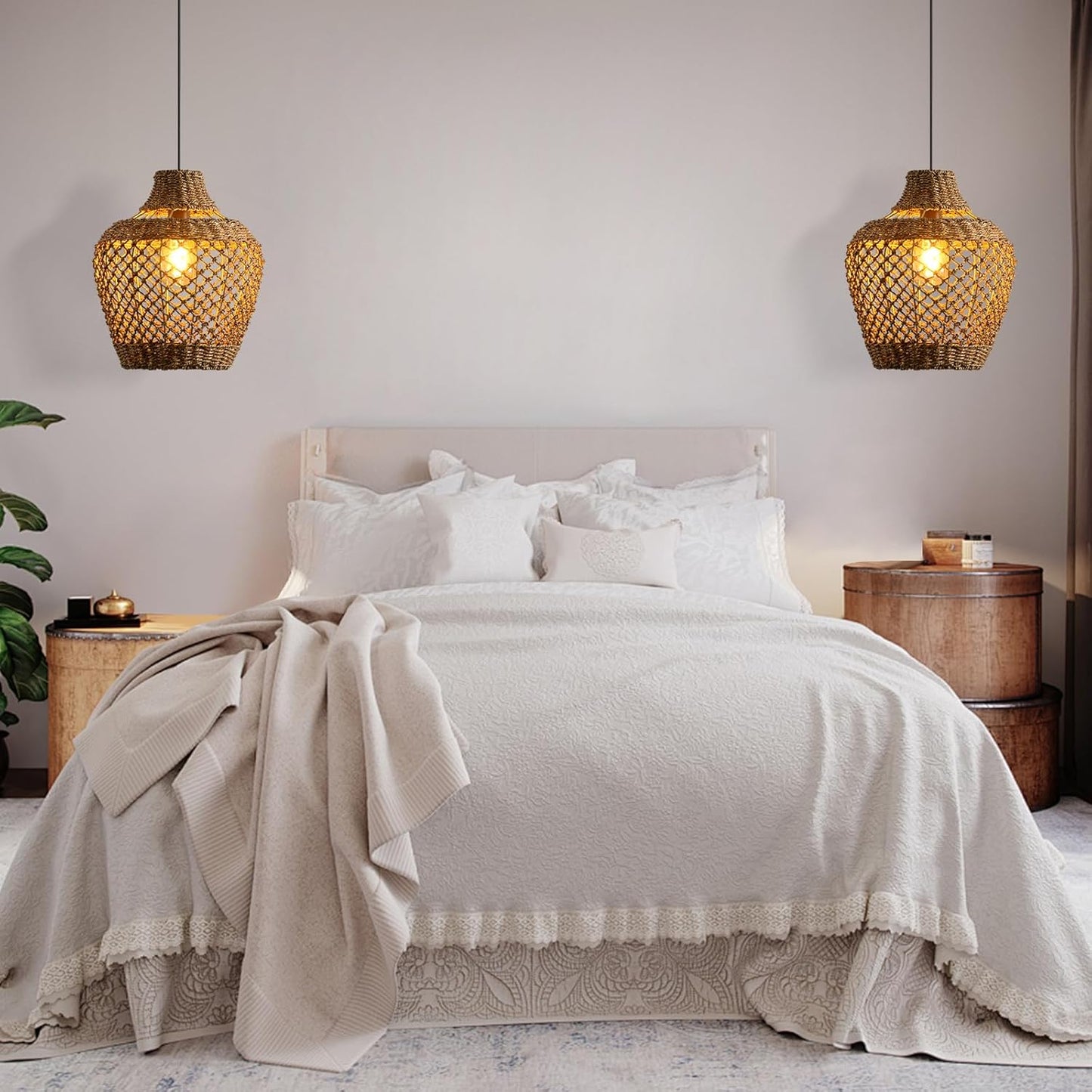 2-Pack Rattan Pendant Light,Bohemian 11.81” Wicker Chandelier,Handwoven Hanging Seagrass Chandeliers Fixture, for Farmhouse Kitchen Island Boho Dining Living