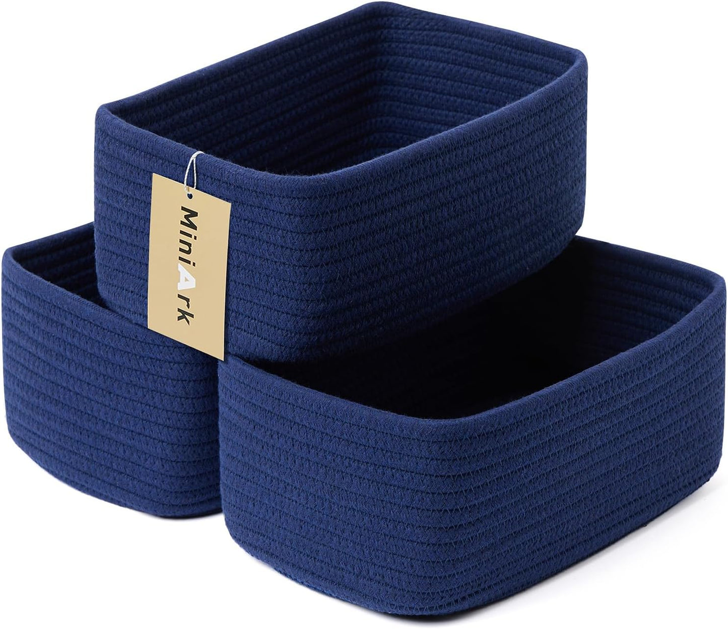 Small Storage Baskets for Organizing | Closet Organizer Bins | Shelf Toy Basket | Woven Rope Baskets | Cube Decorative Box | Shallow Basket | 11.5x7.5x4.7” | 3 Packs Navy Blue