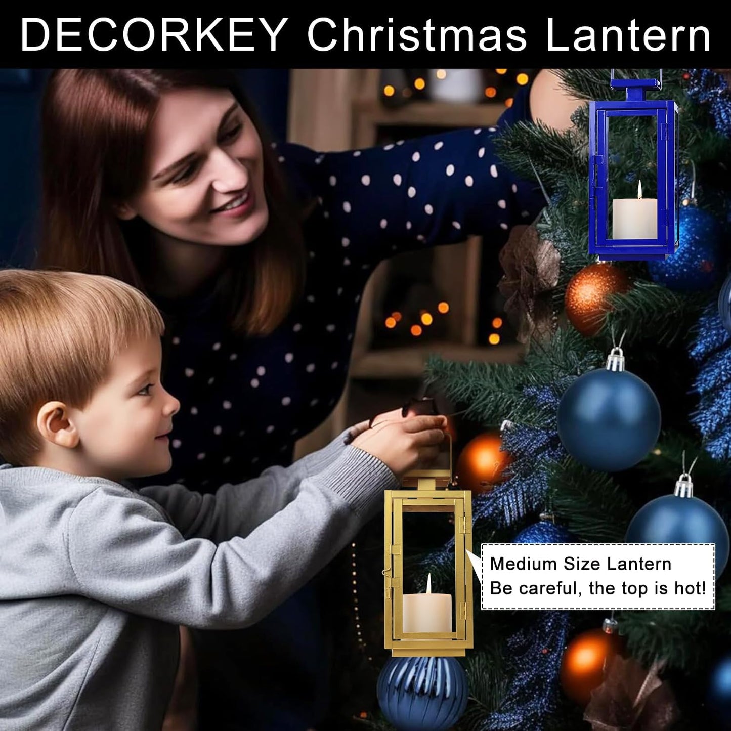 DECORKEY Fall Christmas Golden Decorations for Home, 17''&13'' Metal Candle Lanterns Decorative Outdoor&Indoor, Modern Hanging/Tabletop Candle Holders for Porch Patio Wedding Decor