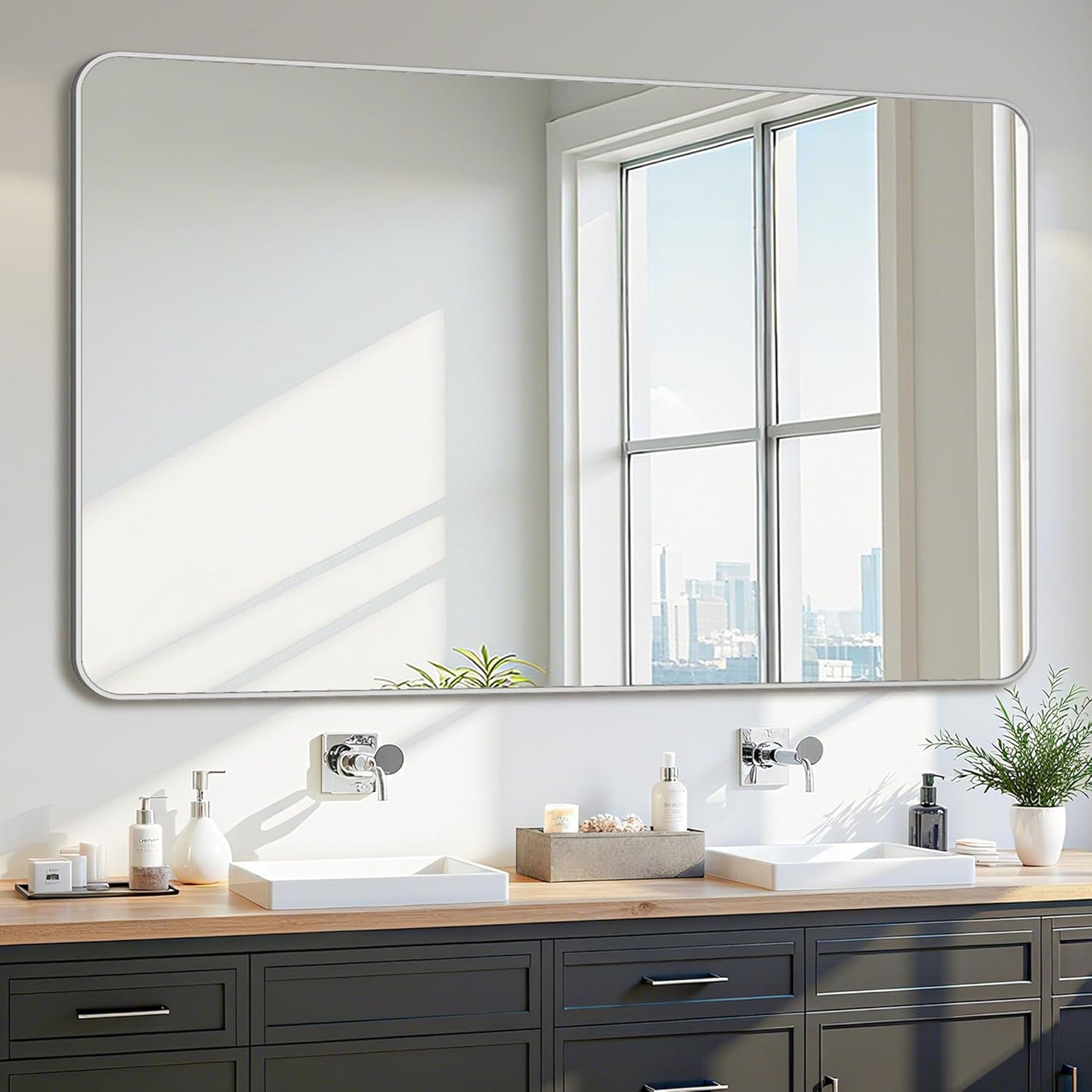 Bathroom Mirror 60" x 36", Large Rectangle Wall Mirror, Silver Metal Frame Wall Mounted Mirrors for Bathroom, Vanity, Bedroom, Entryway Decor(Horizontal/Vertical)