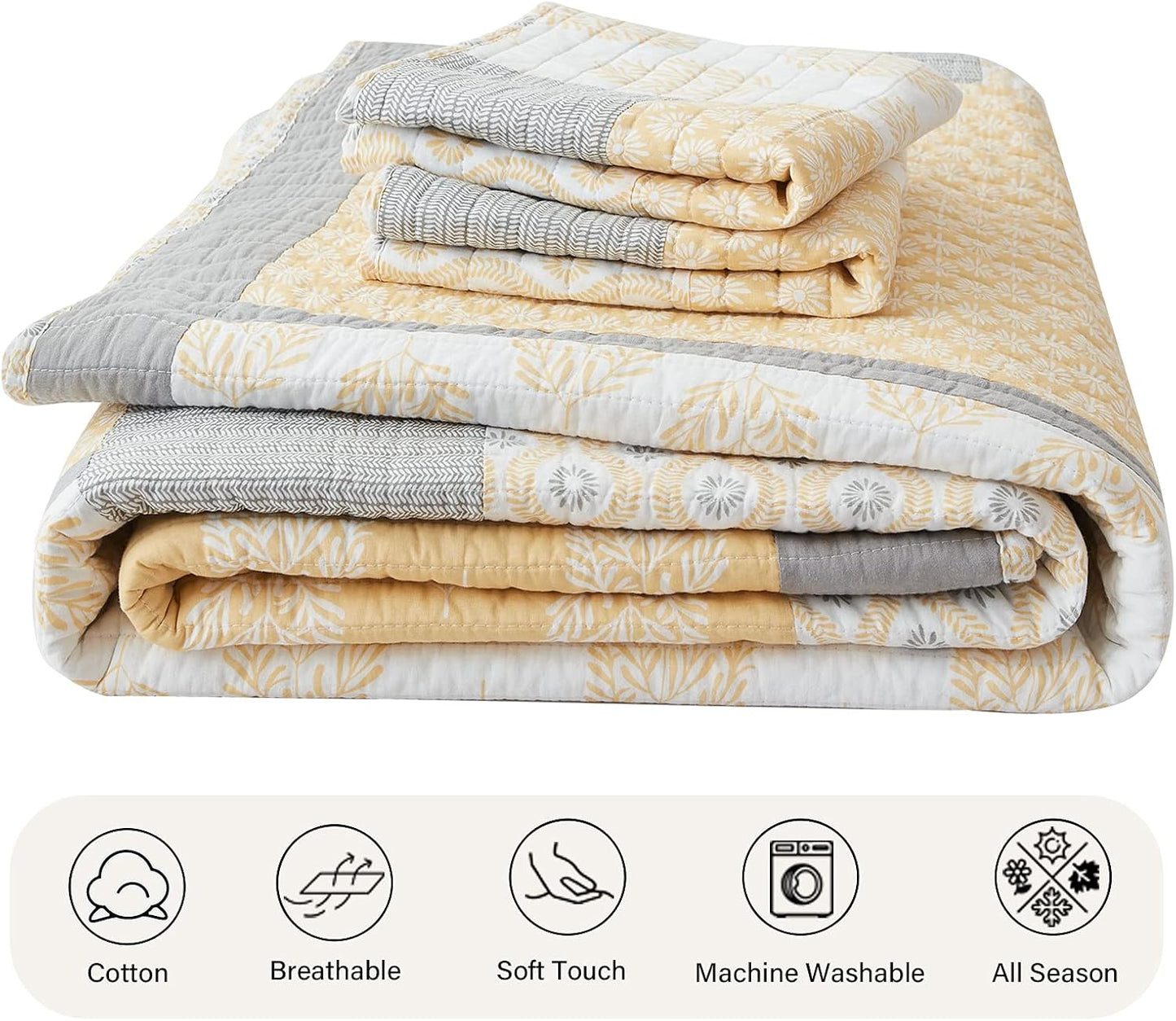 PANGUSHAN Twin Quilt Set,100% Cotton Patchwork Quilt Set Bedspread,Yellow Floral Quilt Bedding Set for Twin Bed,Gray(Grey)/Yellow/White Reversible Lightweight Comforter Bed Spread,2 Pieces