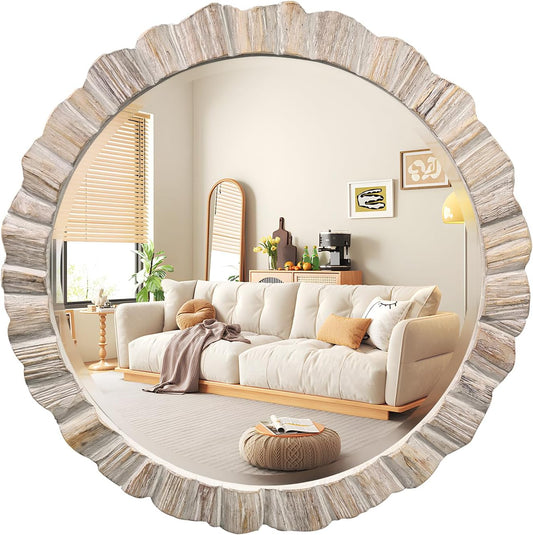 35" Wood Round Mirror, Rustic Wall Mirror with Thick Frame, Large Round Mirrors for Wall Decor, Wooden Circle Beveled Mirrors for Entryway, Farmhouse, Washed White