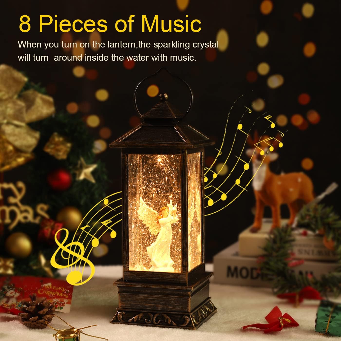 Christmas Decorations Snow Globe Lantern,Christmas Lantern with 8 Christmas Theme Music,Christmas Snow Globe Gifts Water Glittering Swirling Christmas Home Decoration（Dove Angel）