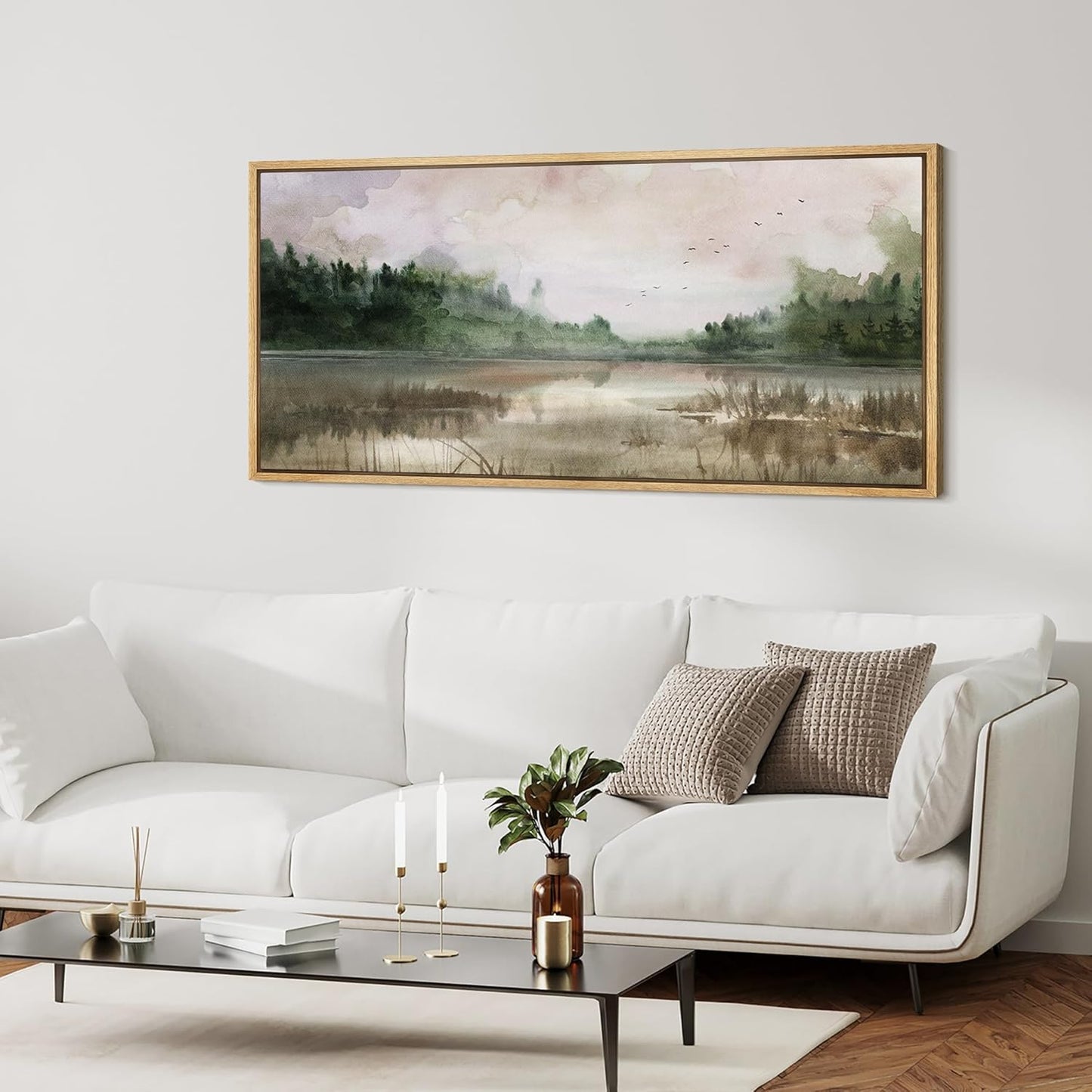 MUDECOR Extra Large Framed Canvas Print Wall Art Tranquil Lake Reflections Nature Landscape Illustrations Antique Retro Fine Art Illustrations Decorative Colorful for Bedroom - 60"x30"