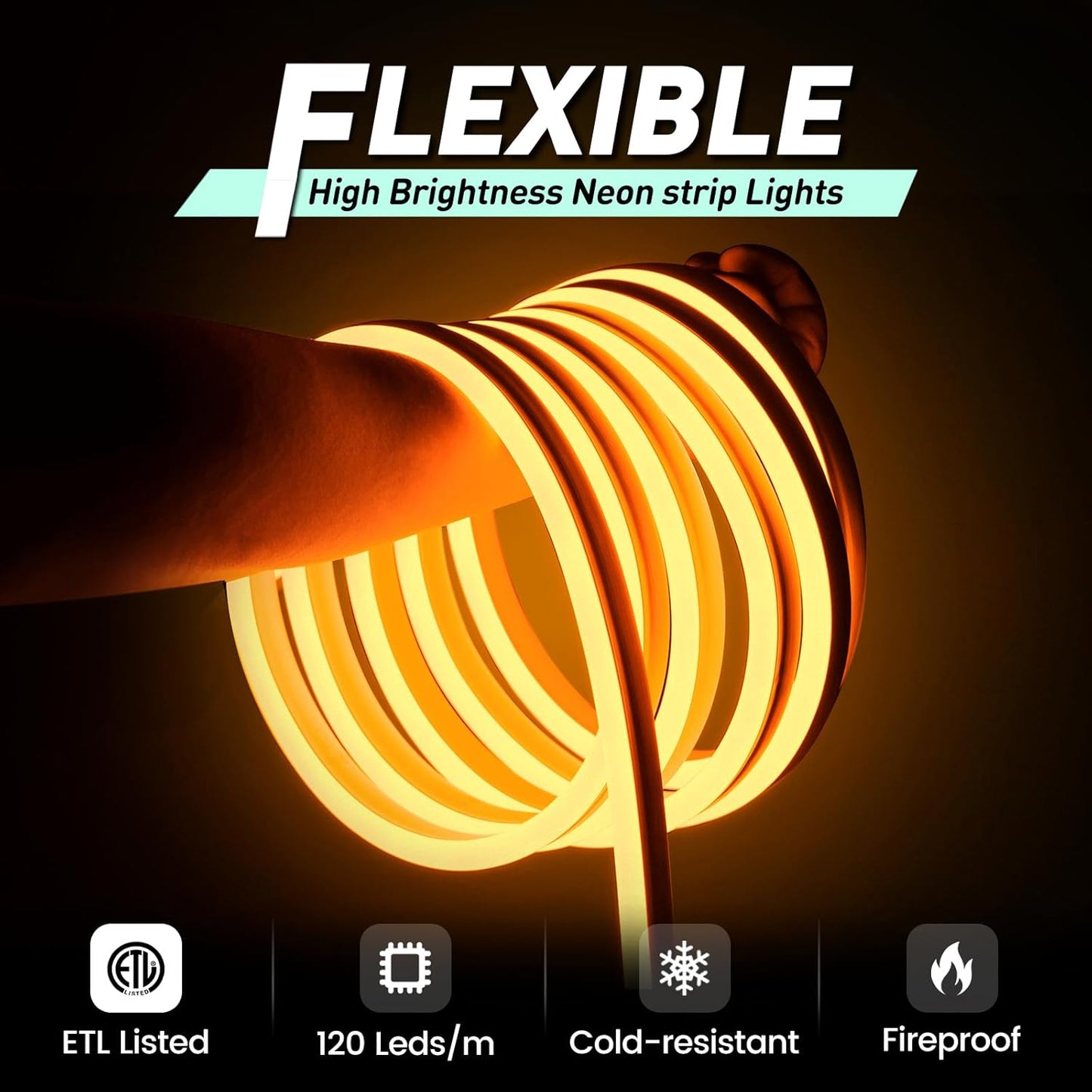 GZBtech Flexible LED Neon Rope Lights 33FT,AC 110-120V Waterproof Strip Light, 120 LEDs/M Cuttable Connectable Neon Lighting for Indoor Outdoor Home Decor/Commercial Building Use-Amber 10M