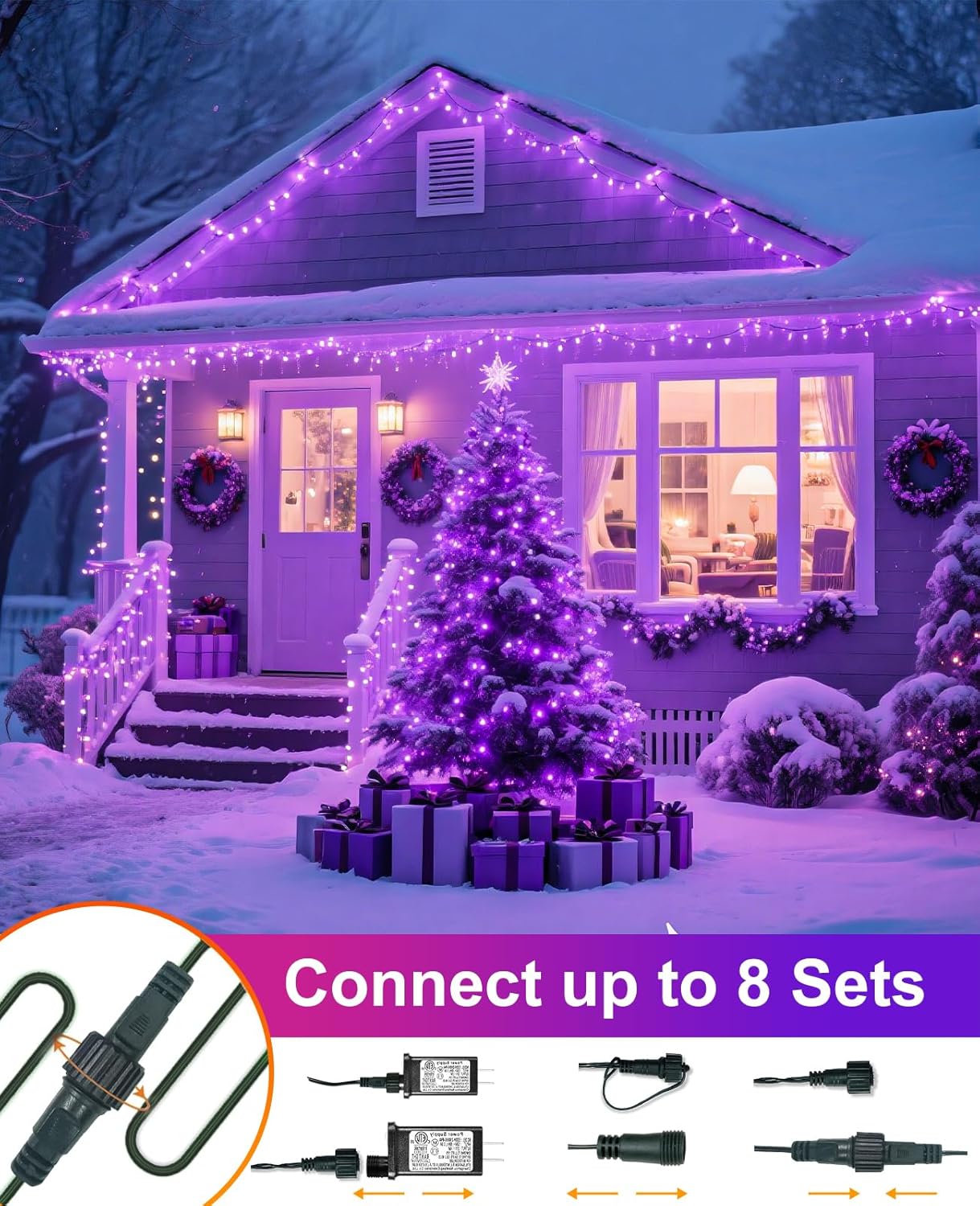 Halloween Lights Outdoor 40FT 120 LED, Green Wire String Lights for Outside Waterproof, 8 Modes Connectable Twinkle Tree Light for Indoor Bedroom Yard Party Holiday Decorations, Purple