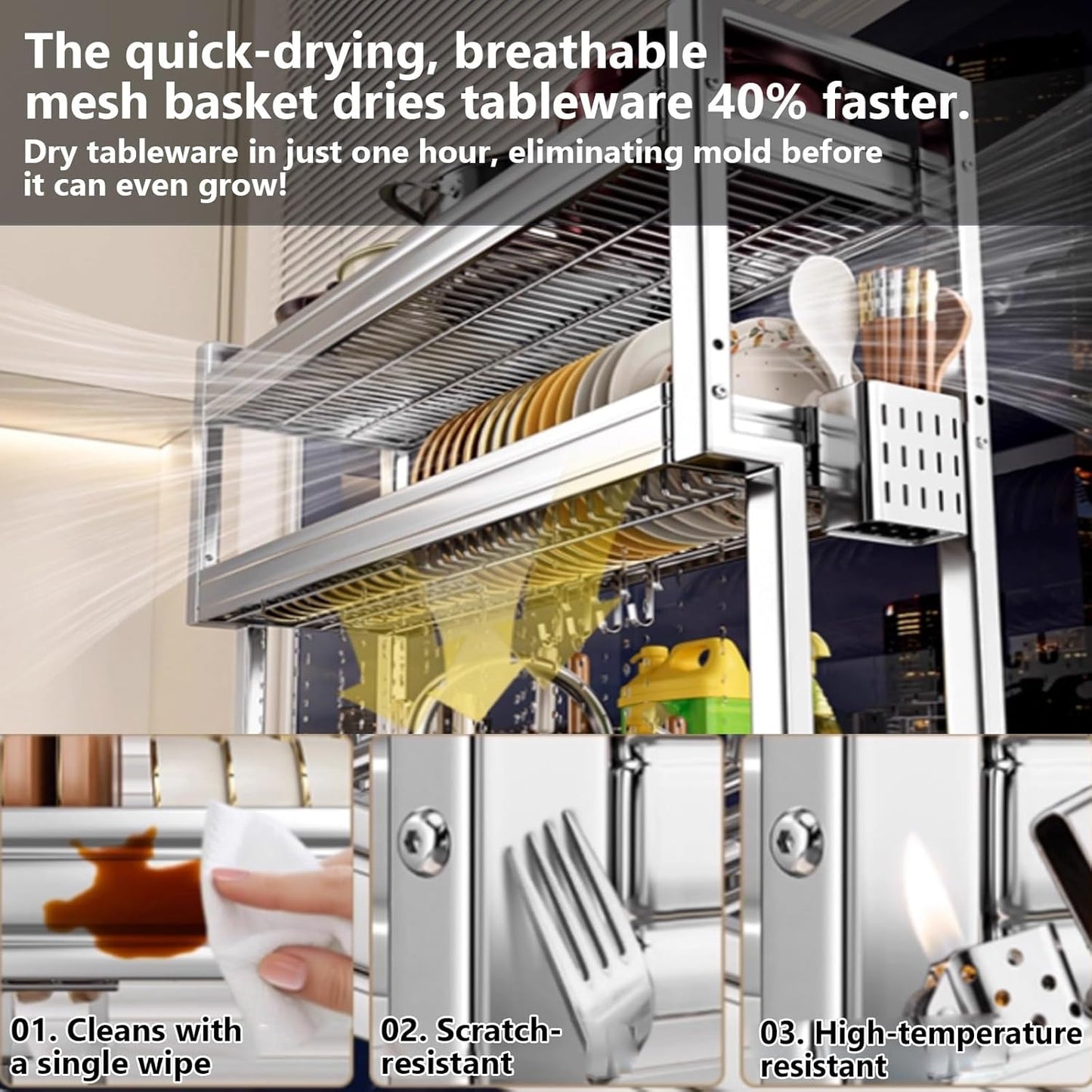 Kitchen Sink Rack Sink Above The Dish Drain Dish Washing Rack Stainless Steel Multifunctional Dish Storage Rack,Over The Sink Drying Rack for Dishes(2,55cm/21.7in)