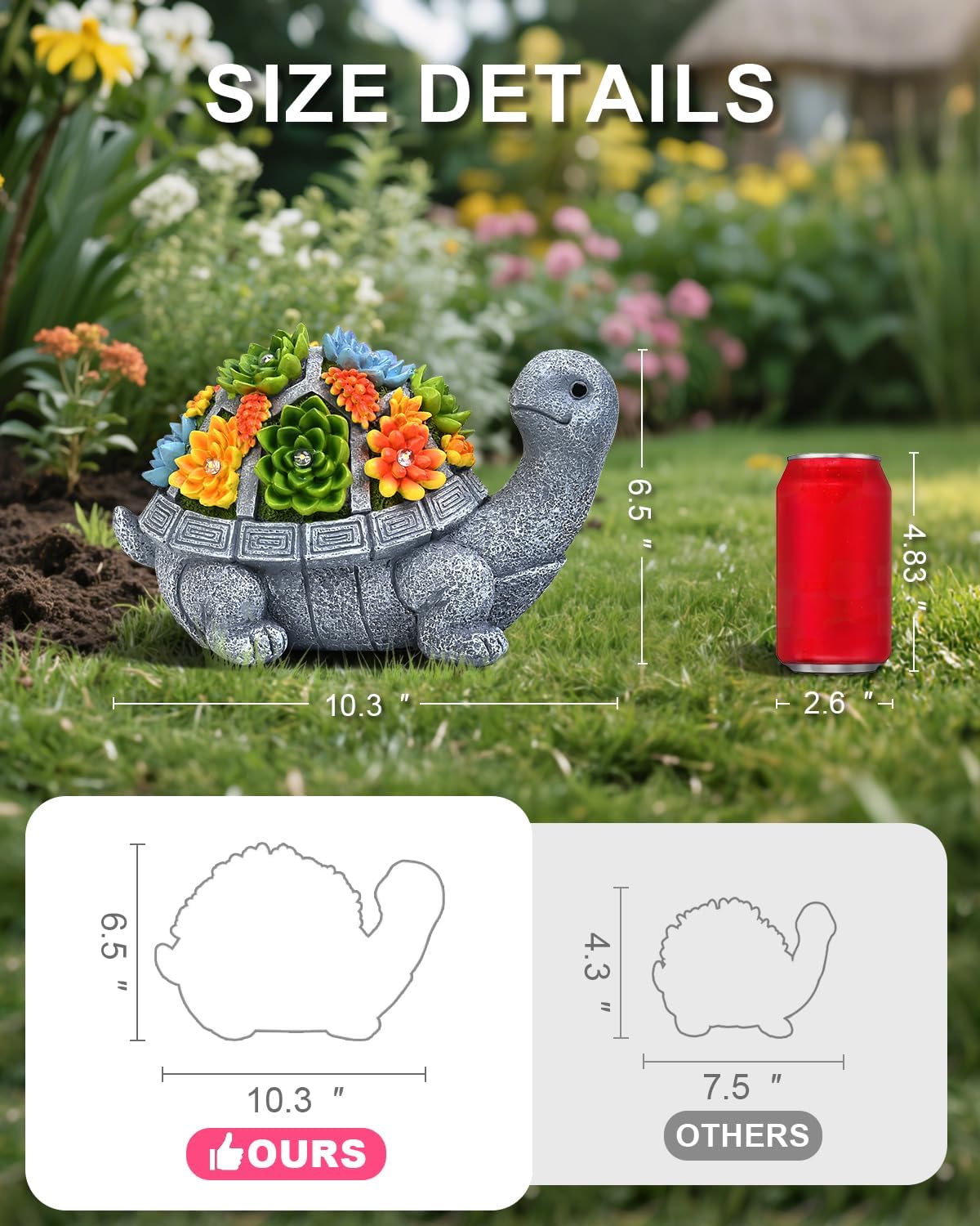 Solar Turtle Statue Garden Decor for Outside with Succulents and 7 LED Lights – 10.3 Inch Cute Lawn Ornaments for Patio, Porch, Balcony & Yard – Unique Birthday Gifts for Women Mom Grandma Wife