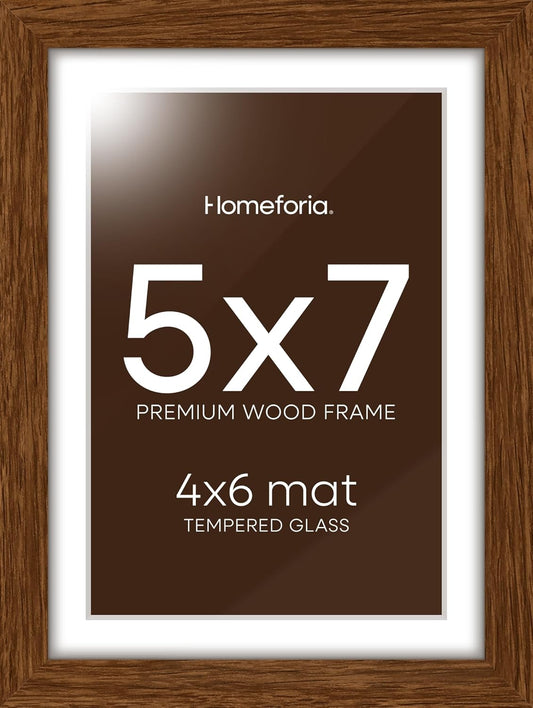 Homeforia 5x7 Brown Picture Frame, High End Dark Oak 5x7 Wooden Frames with Mat 4x6 Photo, 5 x 7 Walnut Wood Frame Matted to 4 x 6 Print, 7x5 Wall or Tabletop Frame, Tempered Glass, Wall Kit, Set of 1