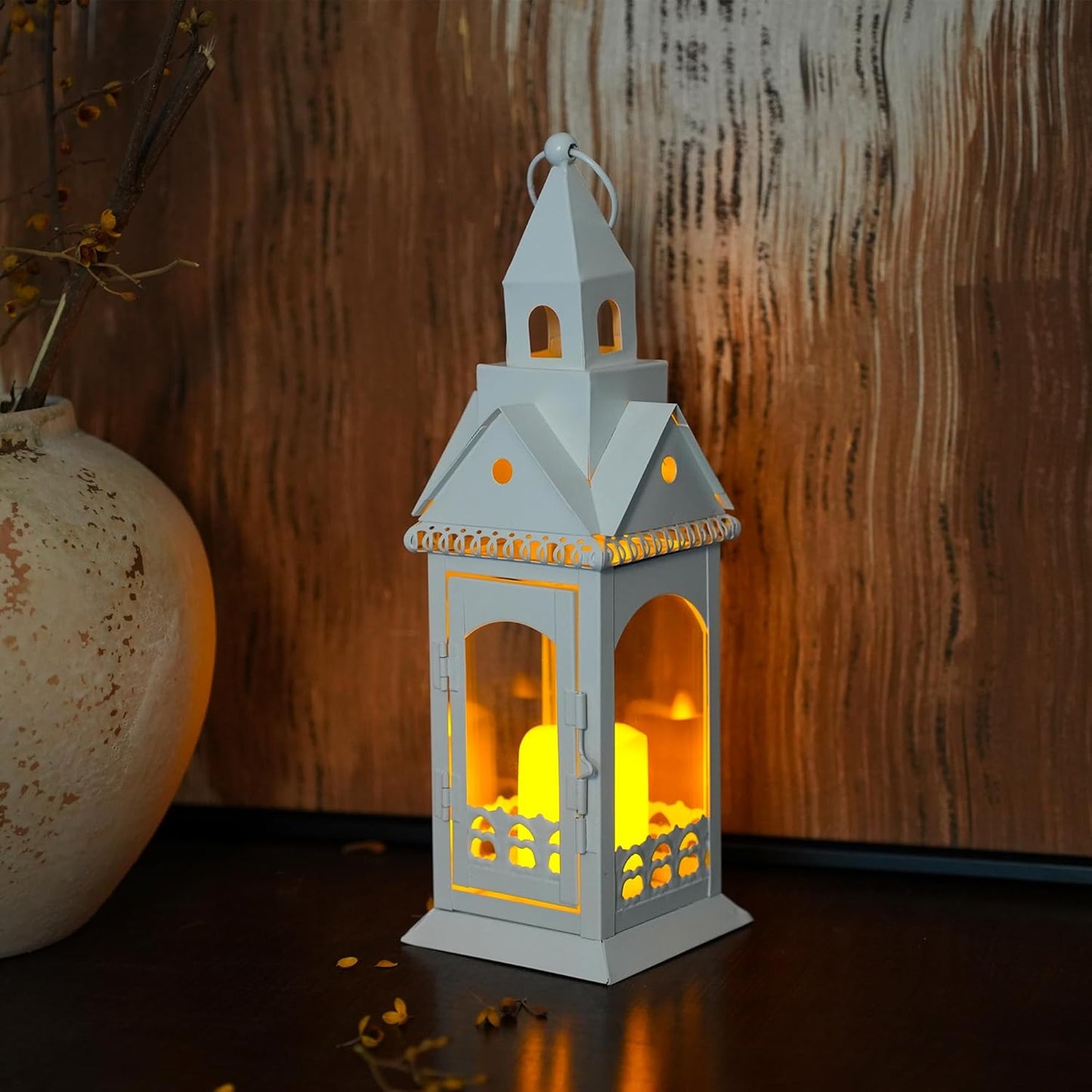 TRIROCKS Rustic Style Metal Candle Lantern 12'' High Decorative Outdoor Lantern Candle Holder with Tempered Glass House Shape for Home Living Room Garden Patio Parties Indoors Outdoors (White)