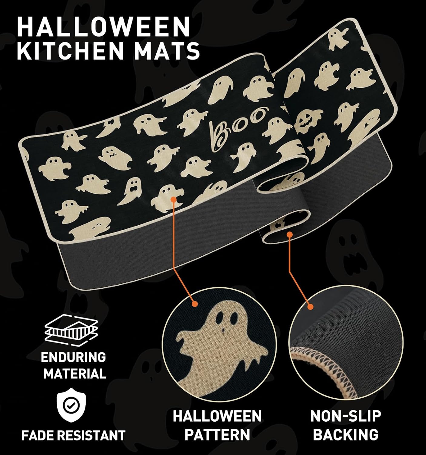 Halloween Kitchen Mat Set of 2, Ghosts Boo Halloween Kitchen Decor, Halloween Rug for Floor, Indoor Spooky Home Decor with Non-Slip Backing,17 x 29 Inch & 17 x 47 Inch