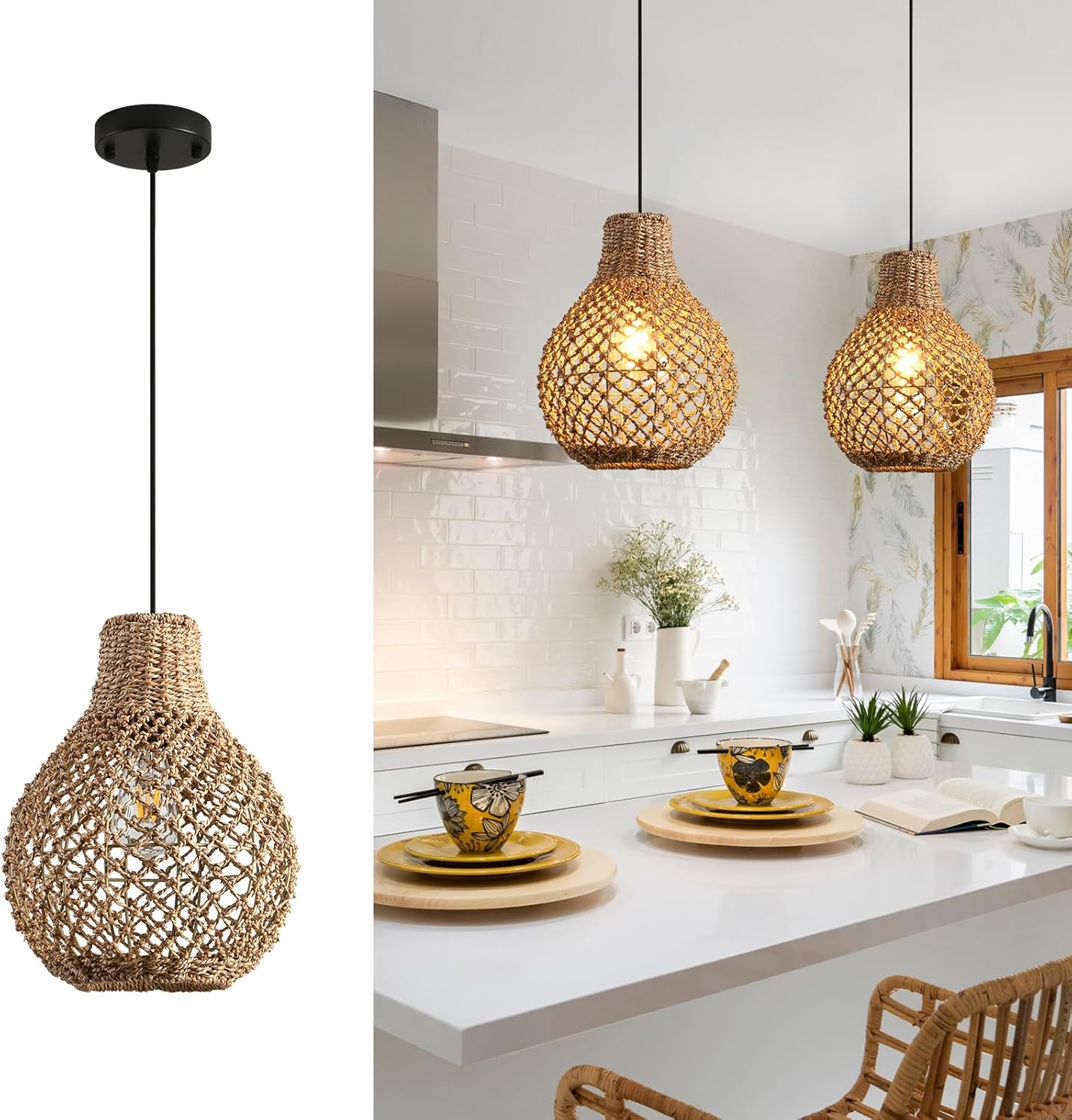 2-Pack Rattan Pendant Light,Boho 11.03" Wicker Hand-Woven Ceiling Hanging Farmhouse Chandelier for Kitchen Island Dining Room Bedroom