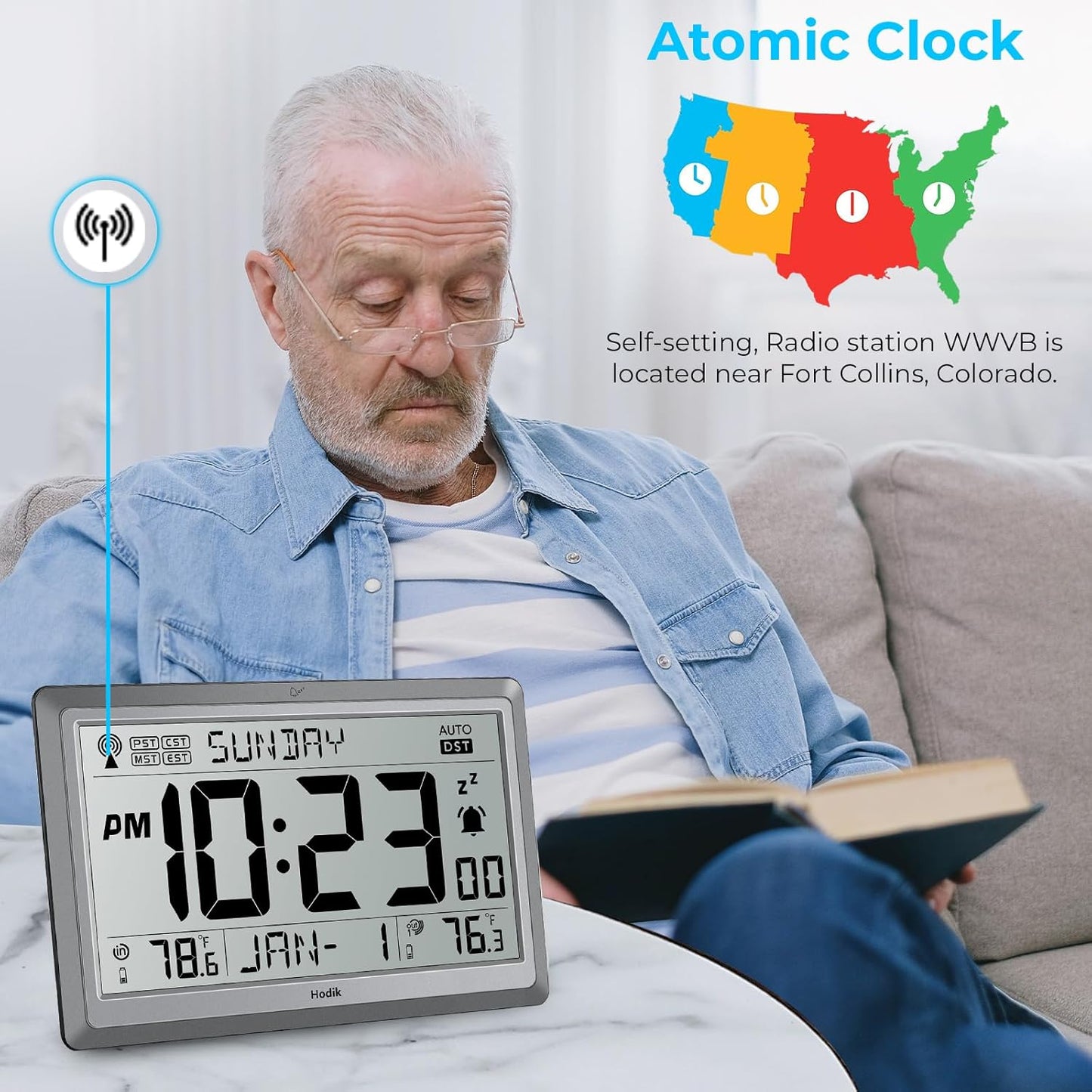 Wall Clock Atomic with Indoor Outdoor Temperature Battery Powered, Easy Reading with 10.5 Inch Large LCD Display, 330FT Range Table Wall Clock With DST, 12/24 Hour for Living Room Kitchen (Silver)