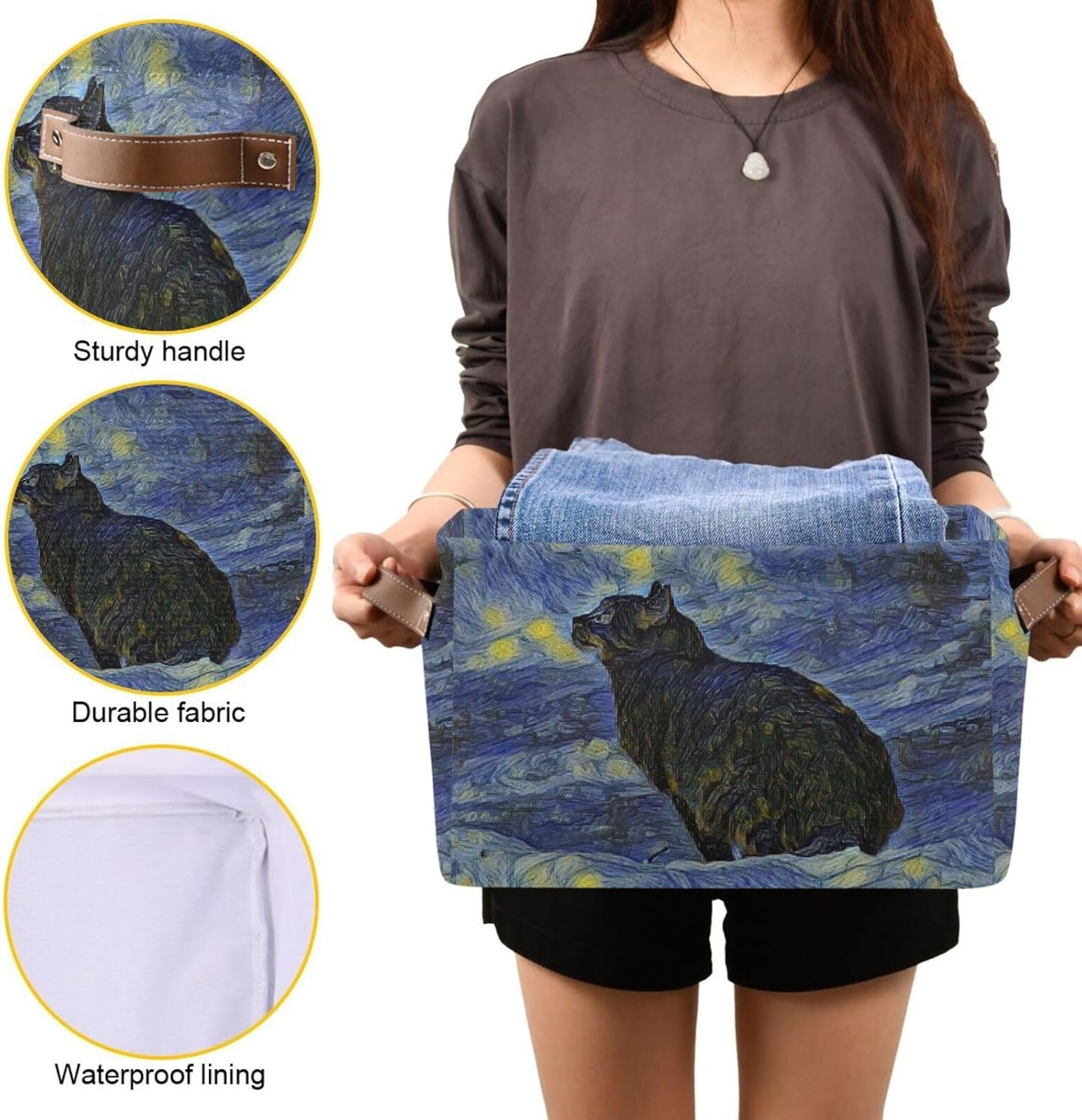 susiyo Storage Baskets for Shelves Organizer Baskets with Metal Frame Closet Storage Bins Fabric Bins Cubes with PU Handles for Organizing Shelf Nursery Toys 1 PACK,Black Cat