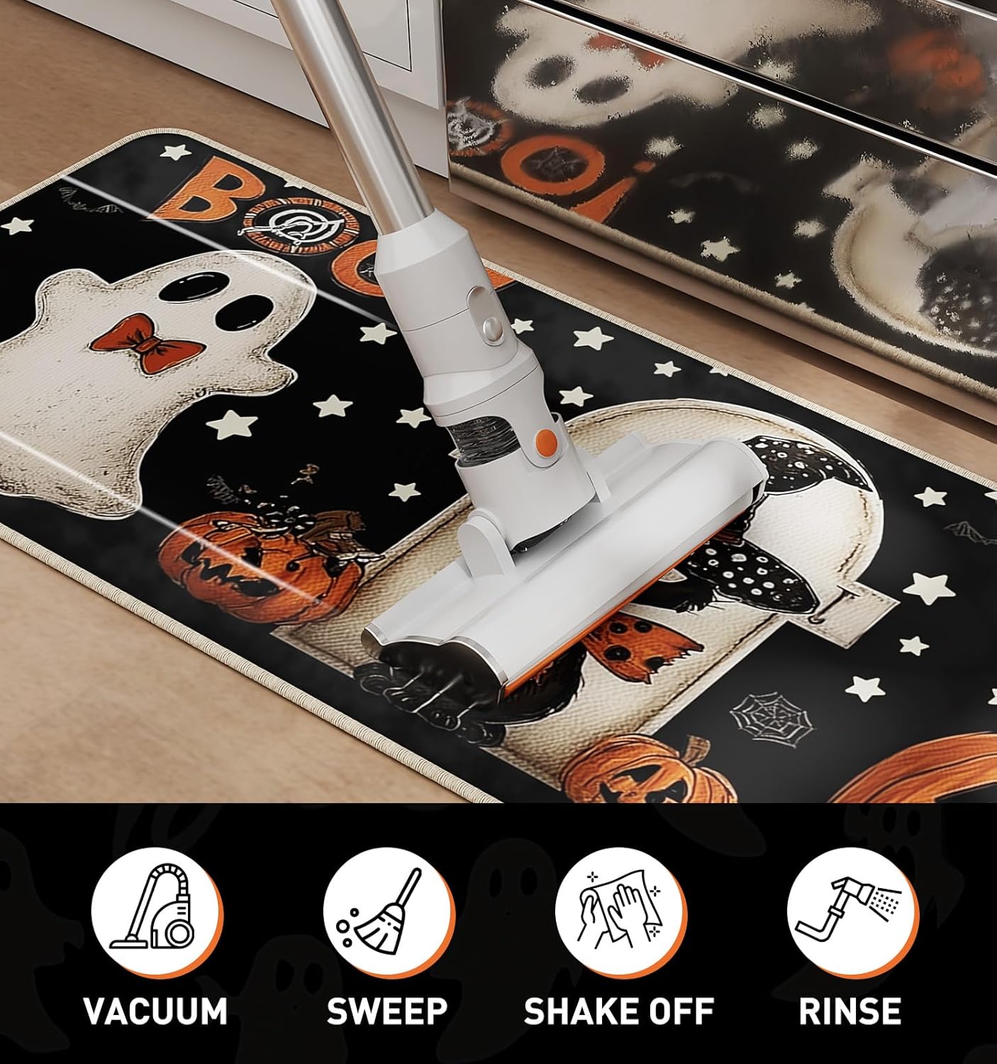 Halloween Kitchen Mat Set of 2, Pumpkin Ghosts Boo Cat Halloween Decor, Halloween Rug for Floor, Indoor Home Decor with Non-Slip Backing,17 x 29 Inch & 17 x 47 Inch