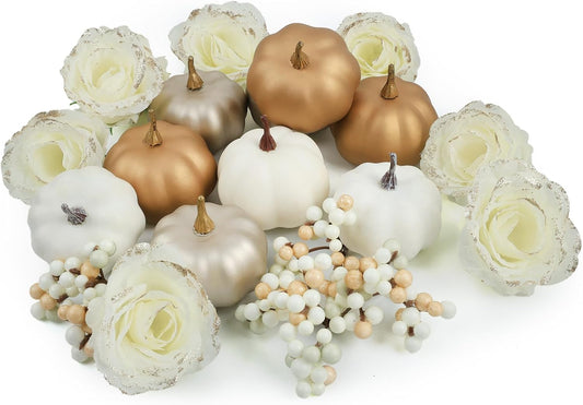 Fake Pumpkins, 21 Pcs White Artificial Pumpkins, Plastic Pumpkin Berries Rose Artificial Flowers Fall Decoration Kit for Thanksgiving Table Decoration