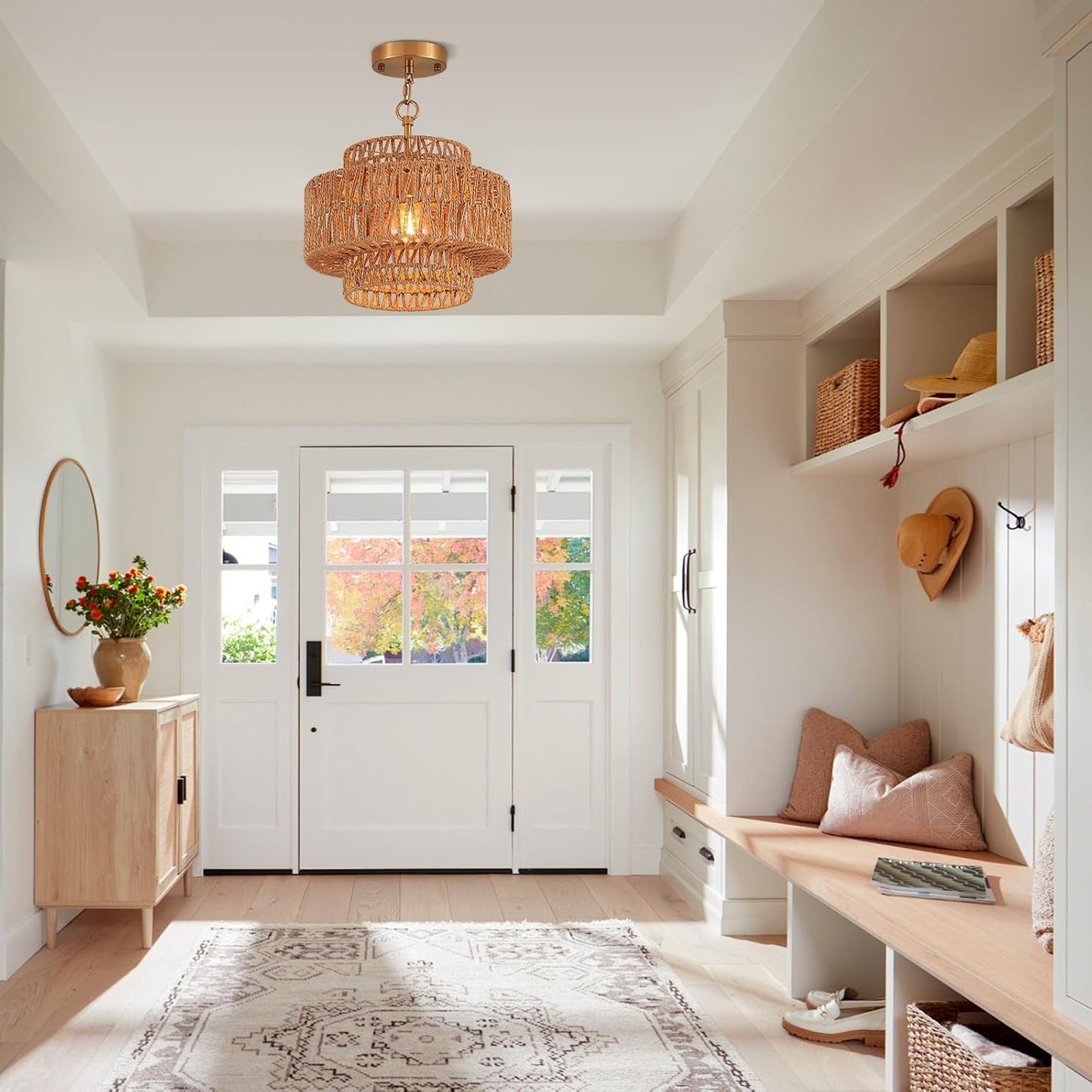 12.6" Hand-Woven Rattan Pendant Light Fixture Vintage Farmhouse Boho Bamboo Pendant Lighting Mini Drum Wicker Rattan Golden Chandelier for Kitchen Island, Bedroom, Dining Room, Entryway, Foyer