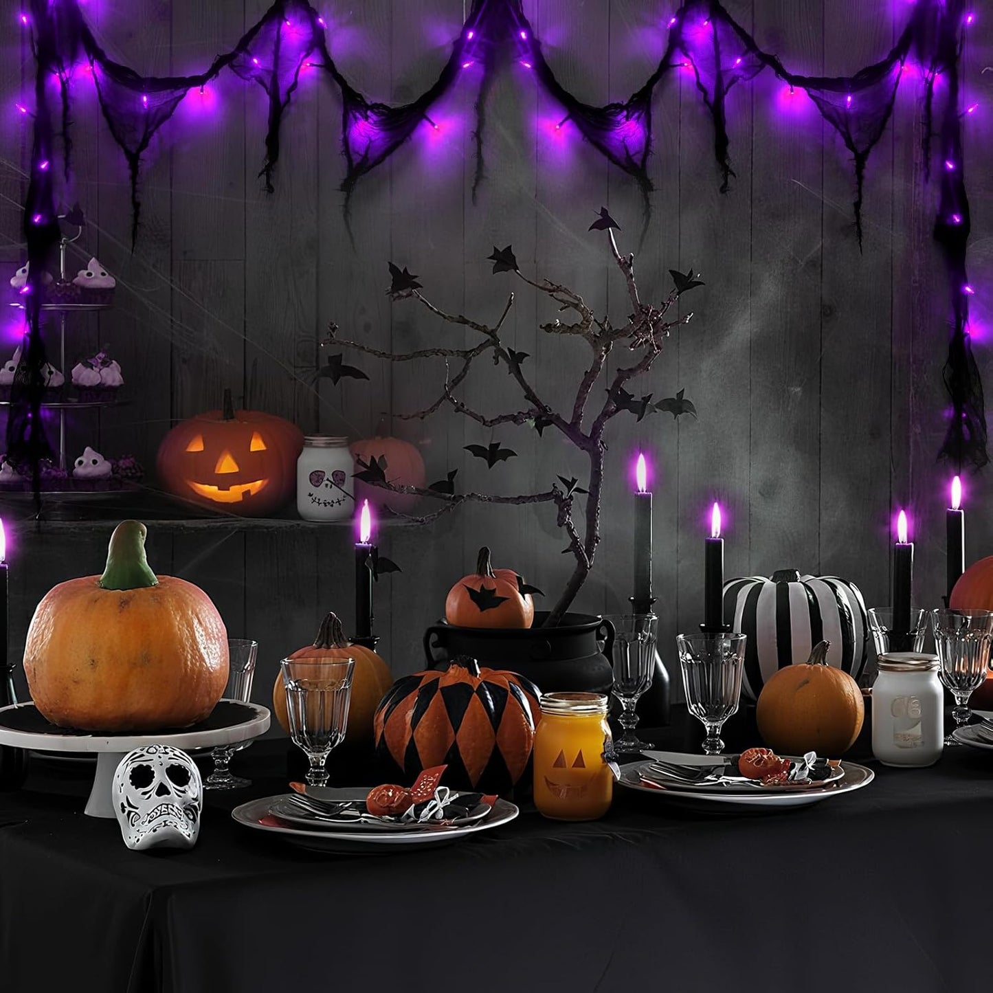 Halloween Horror Atmosphere Lights, Orange&Purple LED String Lights with 9.9FT Creepy Black Gauze, Battery Powered with Timer & 8 Flashing Modes (Purple)