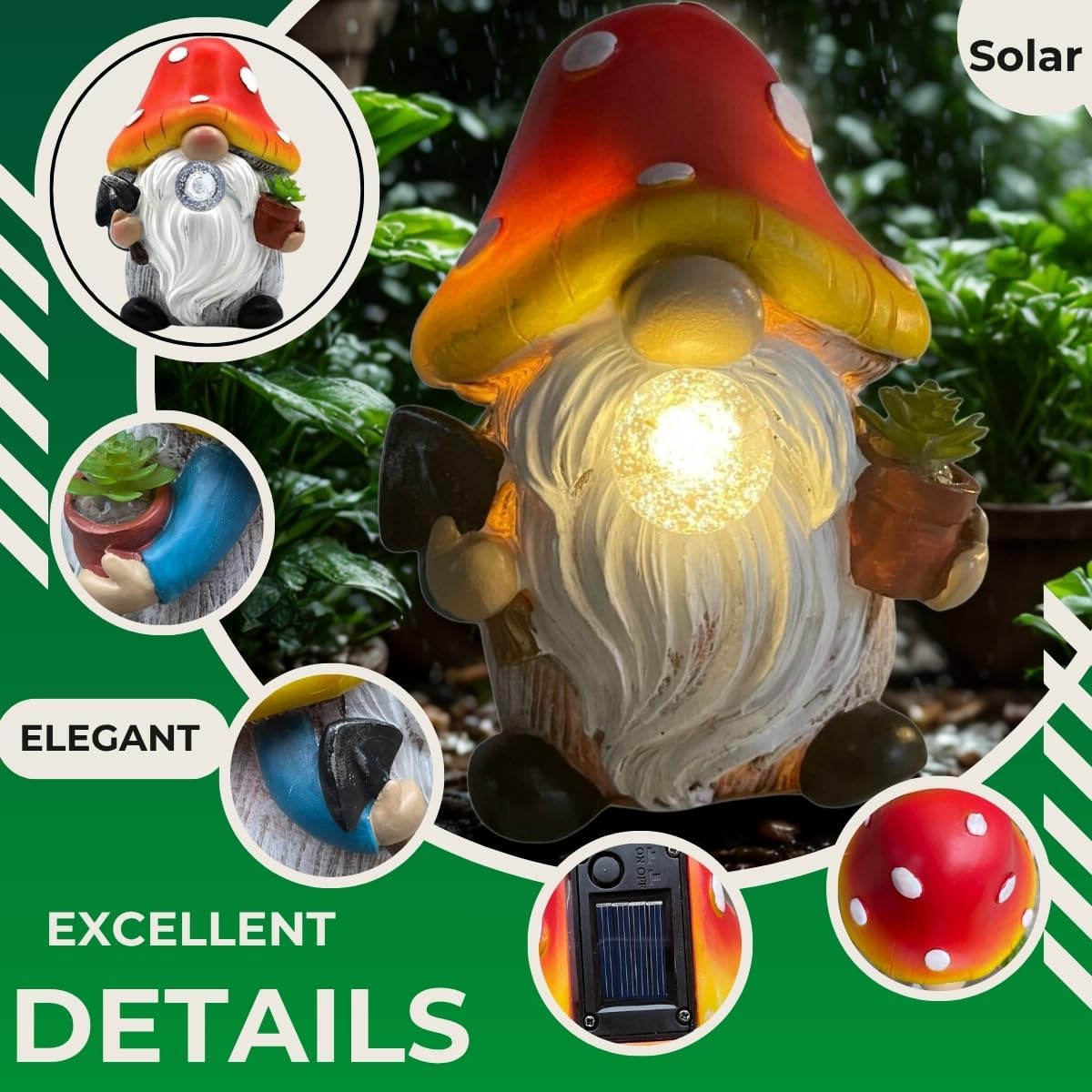 Solar Mushroom Gnomes Garden Statues Outdoor Decor with Night Glow,Cute Fairy Garden Statues for Yard,Pathway,Lawn Art Ornamen,Spring,Easter,Birthday Christmas Women Mom Gift Idea (Red)