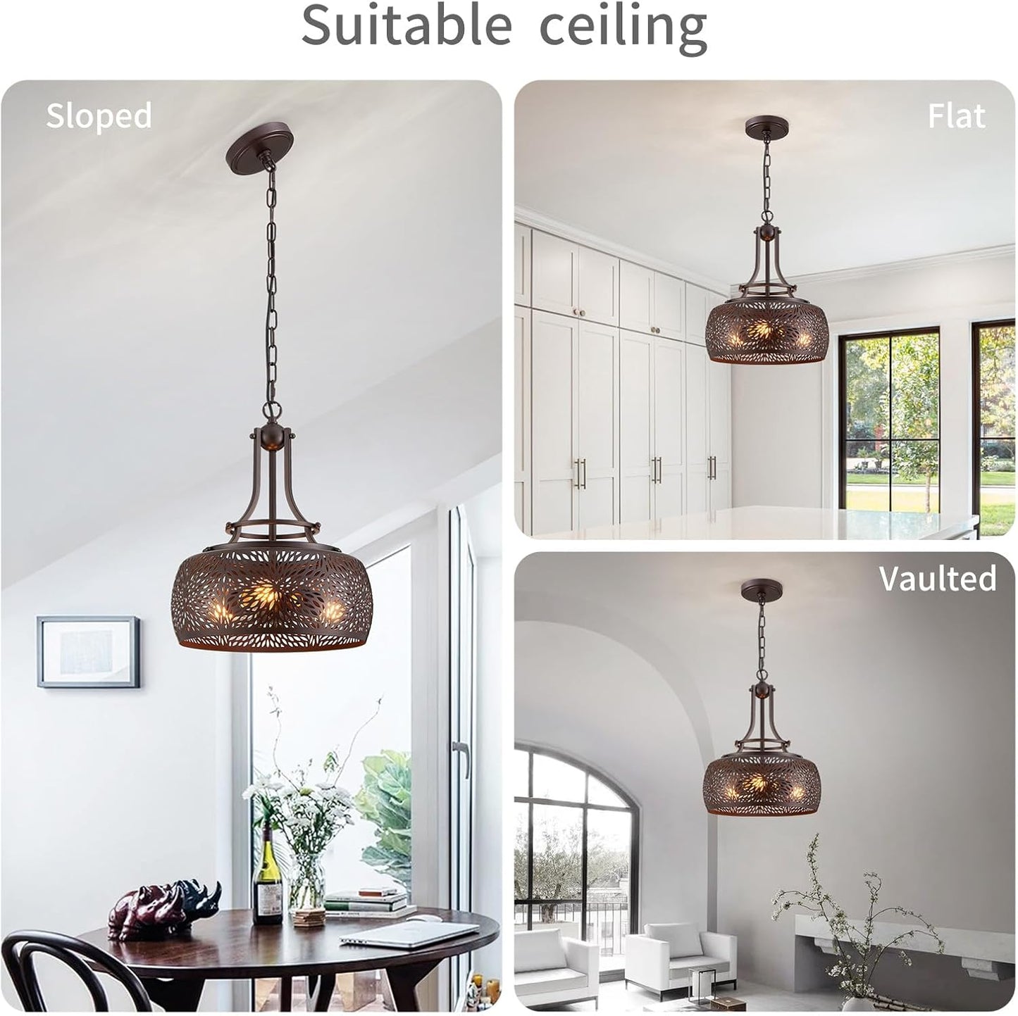 WUZUPS Chandelier Rustic Farmhouse Industrial Round Ceiling Pendant LED Light Fixture with Later-Cut Openwork Drum Shade, H 15.7" x W 13.4", Oil Rubbed Bronze