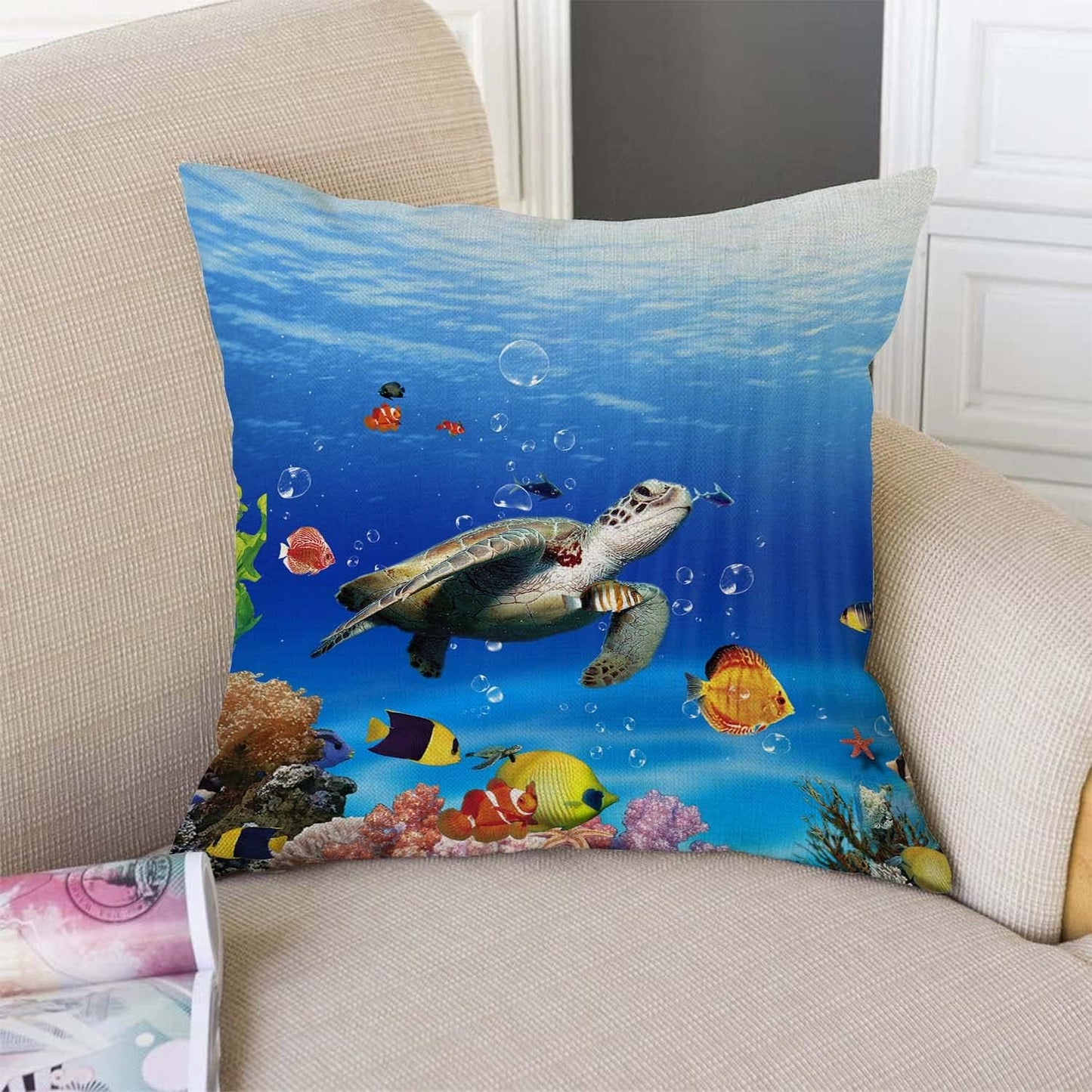 TSSOHU Ocean Underwater Marine Life Outdoor Throw Pillow Cover Sea World Animals Tropical Fish with Turtles Coral Decorative Pillows Farmhouse Cushion Cases Home Decor for Couch 18x18 inch