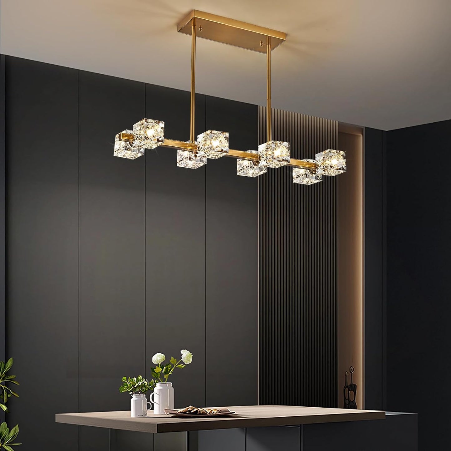 Dining Room Light Fixture,Gold Modern Crystal Chandelier Rectangular Pendant Light with 8 Light Farmhouse Chandeliers for Kitchen Island Dining Room Living Room Bedroom