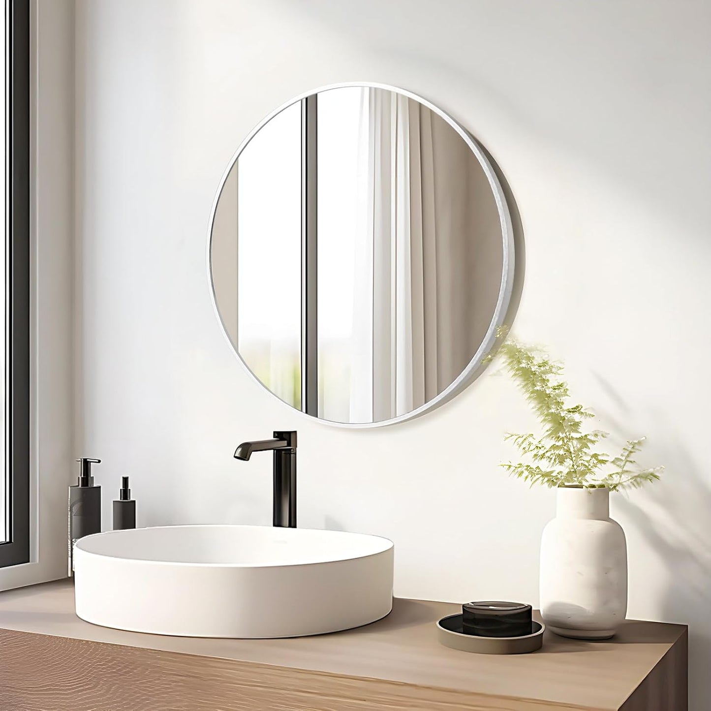 Fabuday Silver Round Mirror for Wall 24 inch - Circle Mirror for Bathroom, Entryway, Living Room, Hallway, Vanity Decor, Small Matte Metal Frame Mirrors