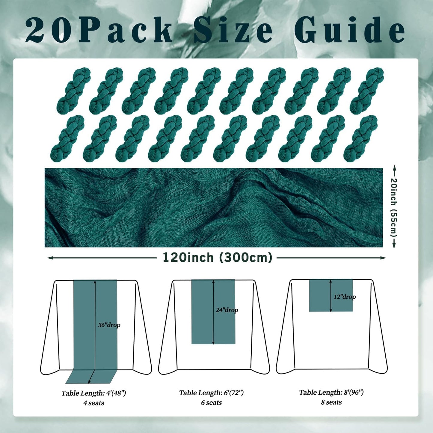 20 Pack Teal 10FT Cheesecloth Table Runner Rustic Gauze Cheese Cloth Table Runner for Wedding Bridal Baby Shower Table Decorations Boho Fabric Sheer Birthday Party Table Decor 20 x 120 Inch Long