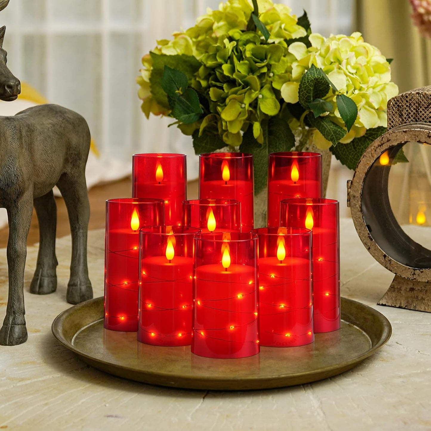 Homemory 9 Pcs Flameless Candles with Embedded Star String Fairy Lights, Battery Operated Candles, LED Candle, Fake Candles with Remote Control and Timer (Red)