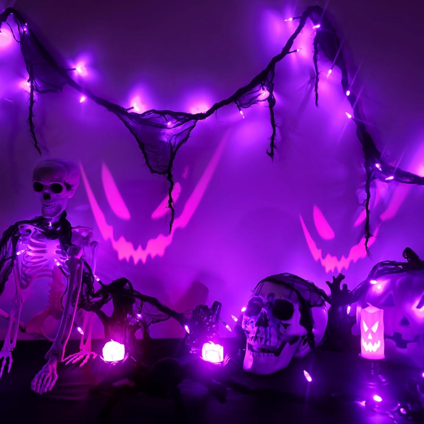 Halloween Horror Atmosphere Lights, Orange&Purple LED String Lights with 9.9FT Creepy Black Gauze, Battery Powered with Timer & 8 Flashing Modes (Purple)