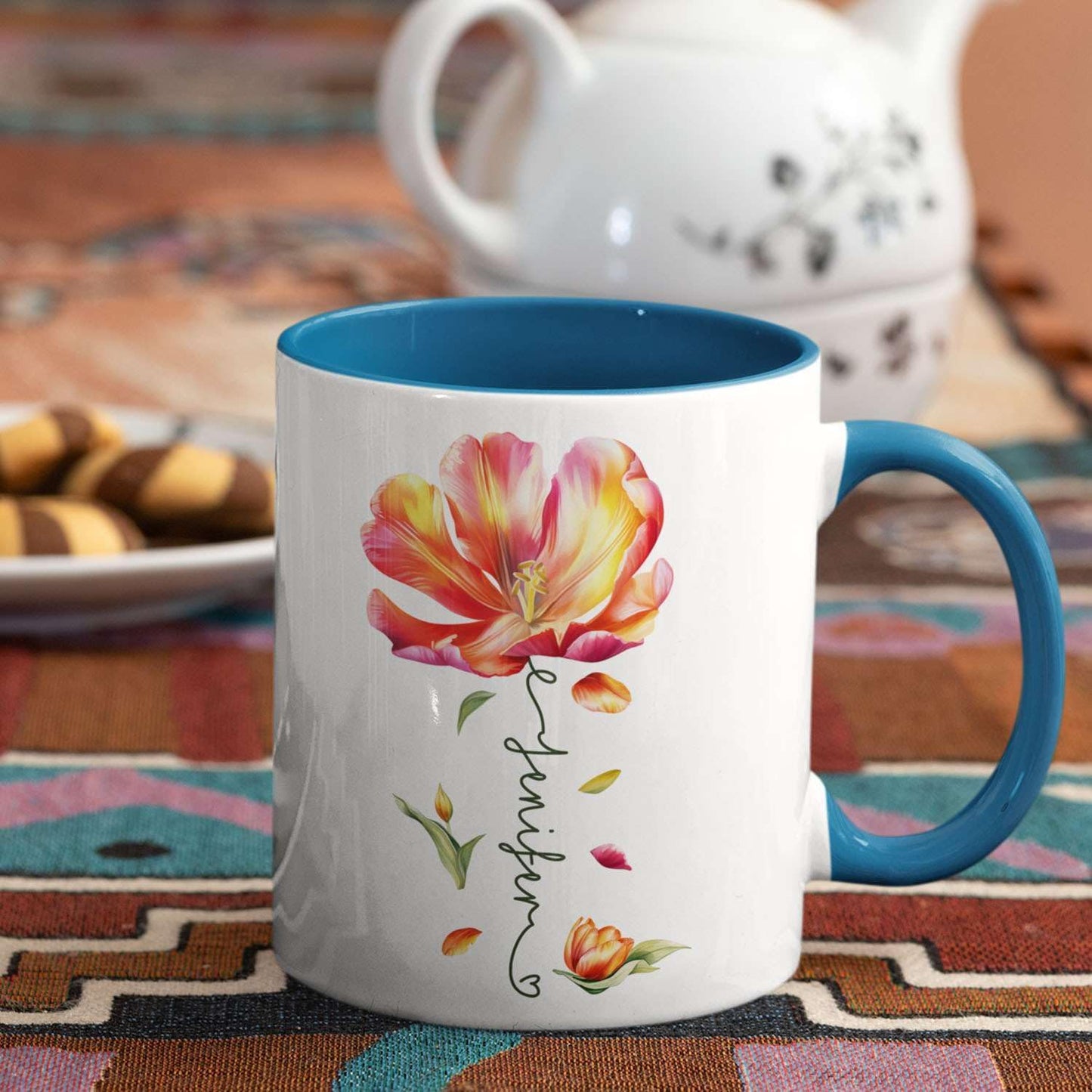 Personalized Flower Blossom Decorative Mug, Custom Name On Flower Coffee Cup, Novelty Floral Accent Mug 11oz 15oz, Customized Flower Lover Ceramic Cup, Gift For Friend Coworker