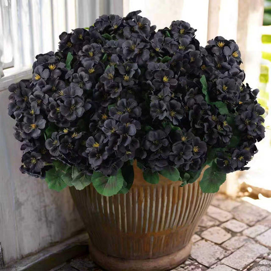 Hananona 6 Bundles Artificial Geranium Flowers for Outdoors Black Silk Geranium Flowers Outdoor UV Resistant Plants Faux Black Flower for Home Kitchen Halloween Table Centerpieces Decor (6, Black)