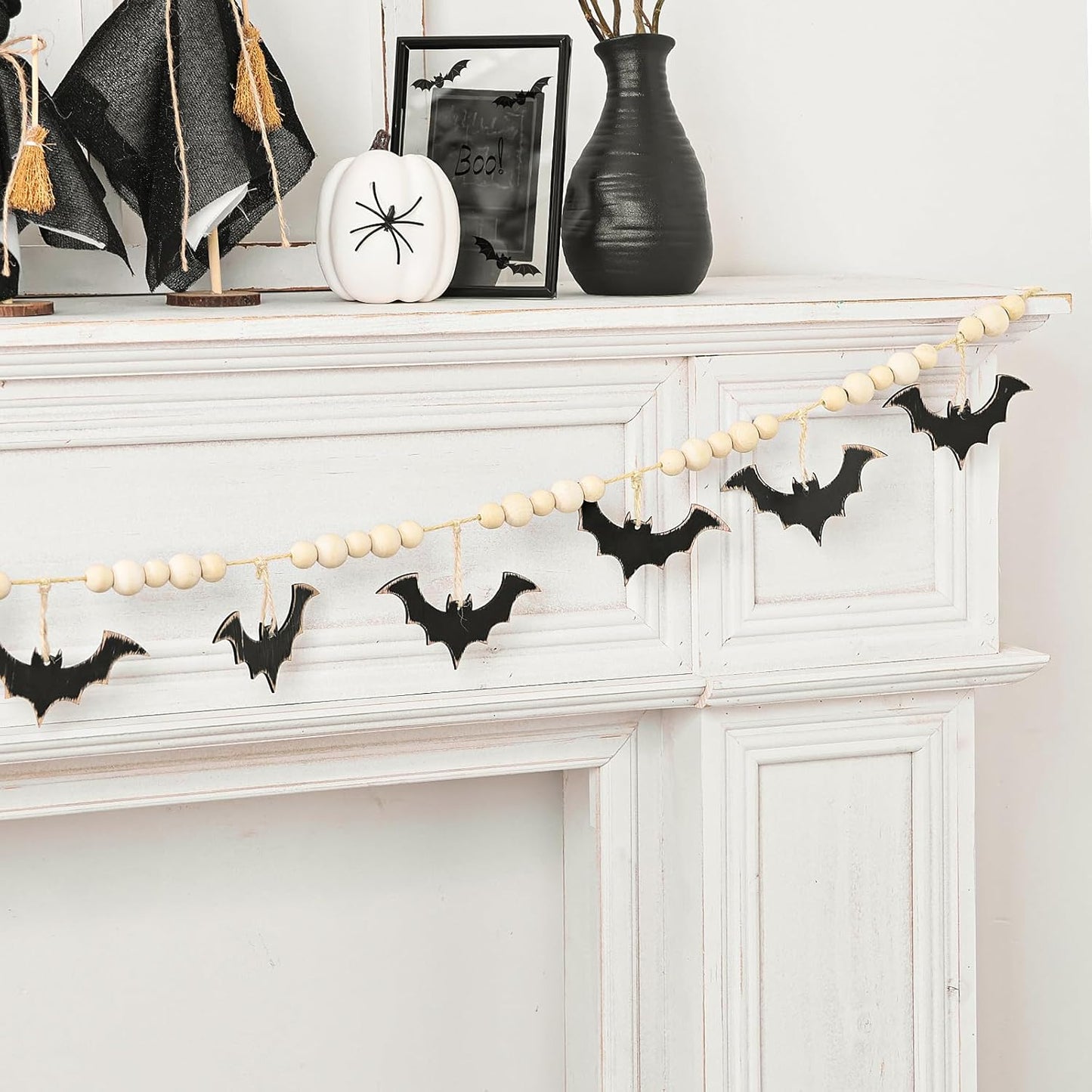 Halloween Garland, Farmhouse Wood Bats and Bead Garland for Halloween Decorations, Bat Banner for Wall Home Indoor Outdoor Black Halloween Decor Supplies