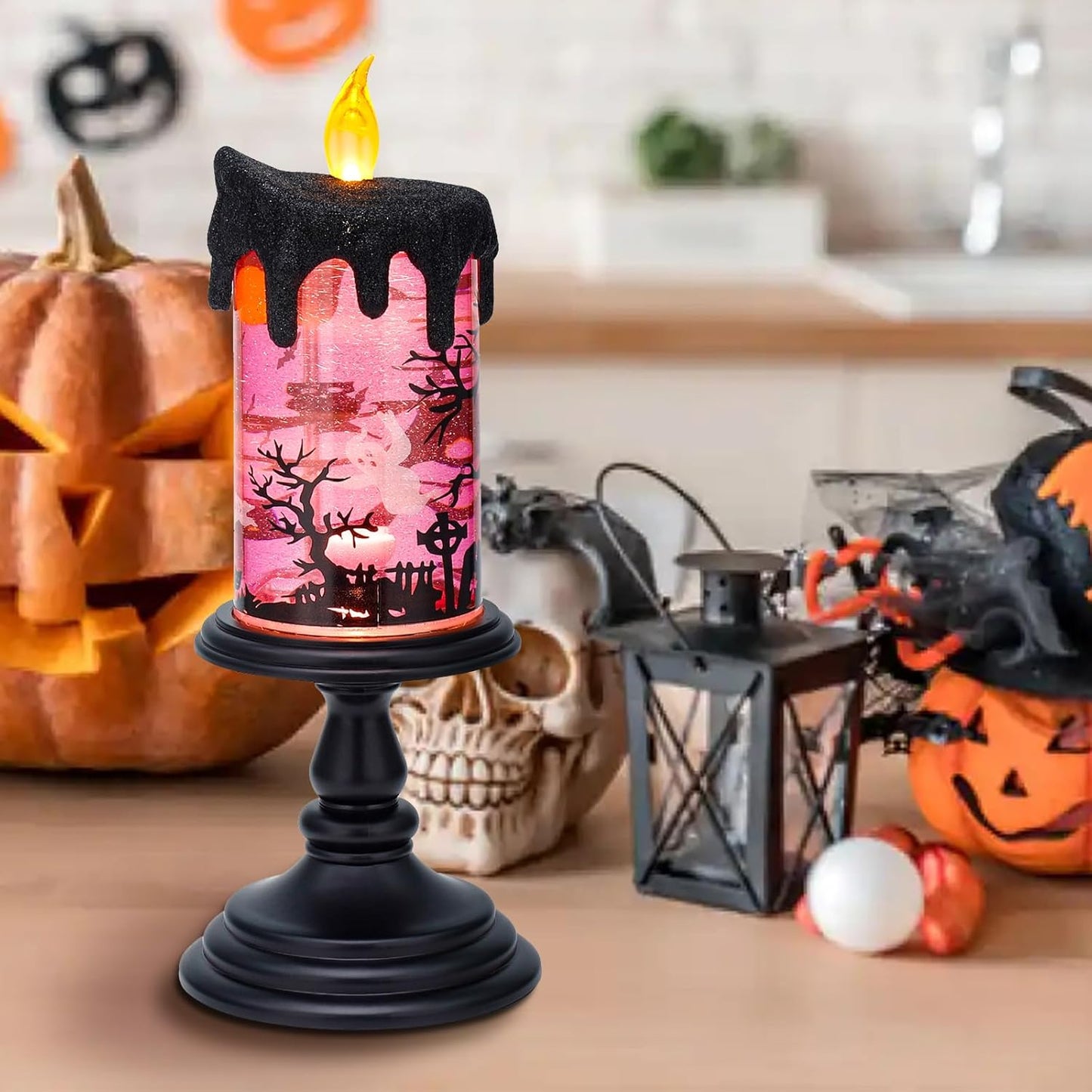 Halloween Snow Globe Candles Lighted Lamp, Lighted Flameless Candles with Water Glitter Swirls and Spooky Moving,Battery Operated
