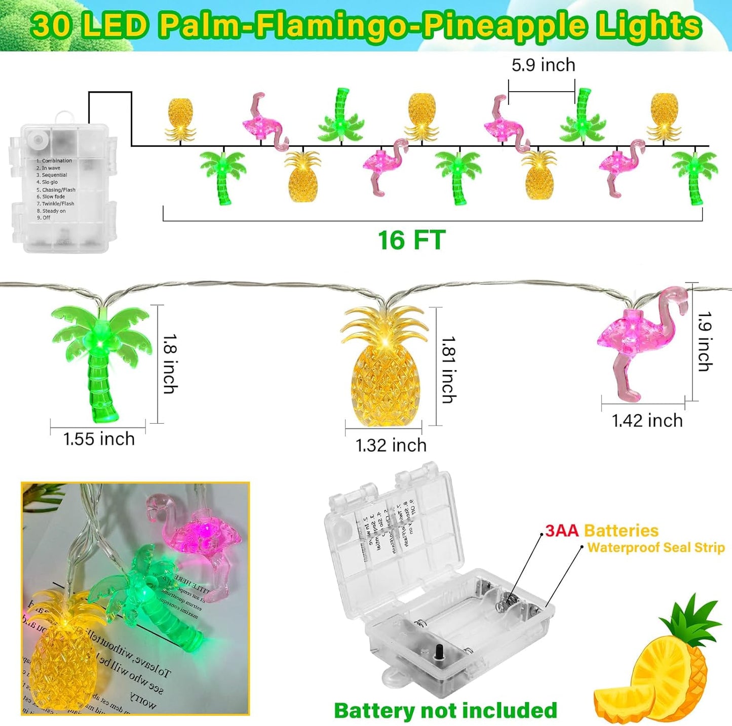 Summer Tropical Beach Hawaiian String Lights - 30 LED 16Ft Battery Operated Tropical Flamingo Pineapple Palm Tree Lights for Luau Pool Decor, Hawaii Theme Summer Outdoor Indoor Party Decorations