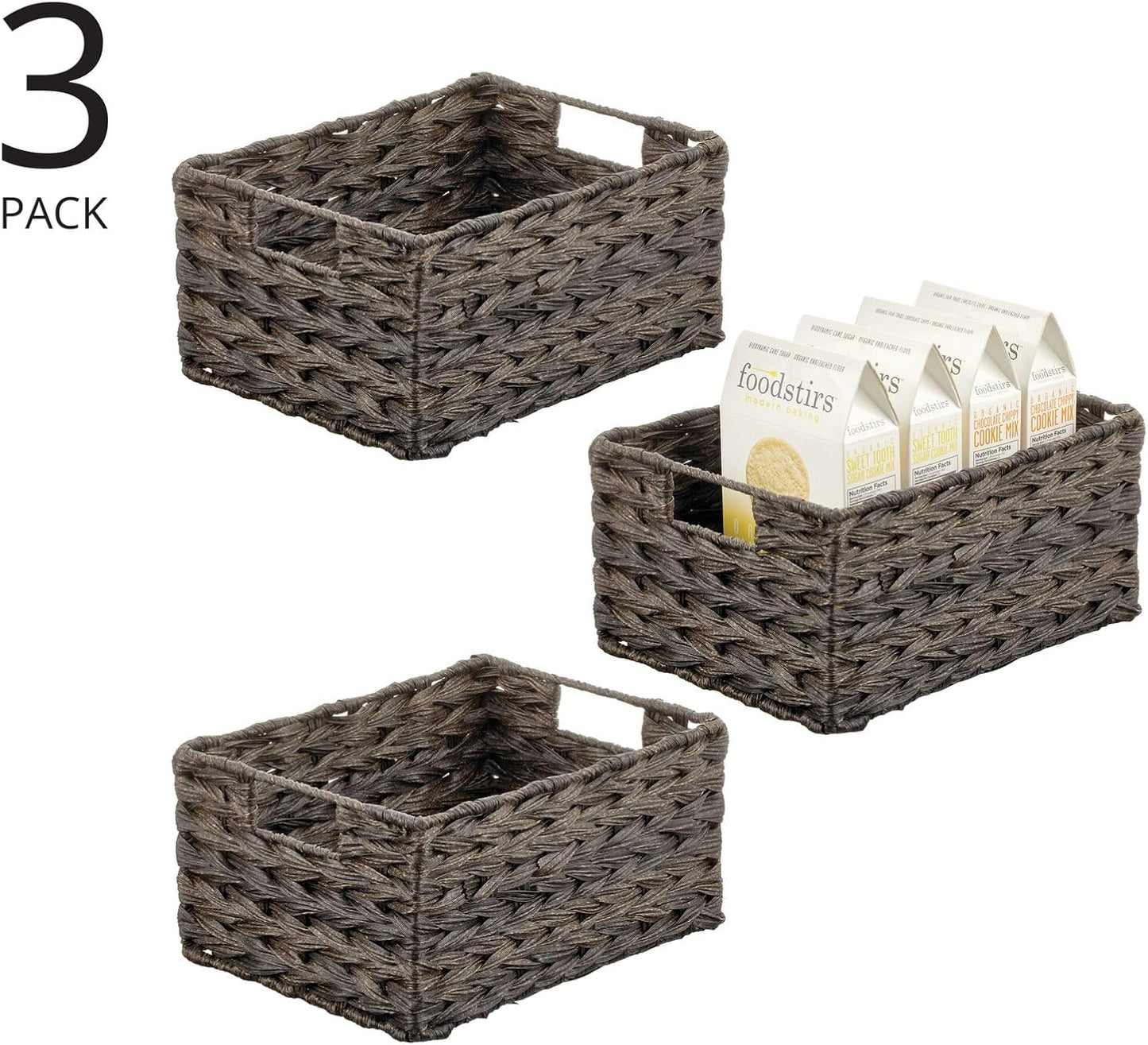 mDesign Woven Farmhouse Kitchen Pantry Food Storage Organizer Basket Bin Box, Container Organization for Cabinets, Cupboards, Shelves, Counter - Store Potatoes, Onions, Fruit, 3 Pack, Espresso Brown