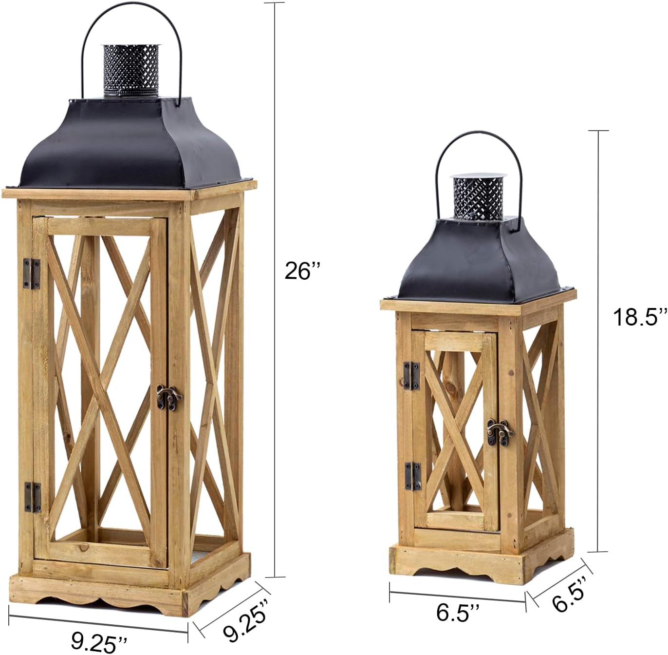 Farmhouse Wooden Metal Candle Lantern Set of 2, Rustic Large Decorative Floor Lanterns, Indoor/Outdoor Hurricane Lantern for Home Decor (No Glass)
