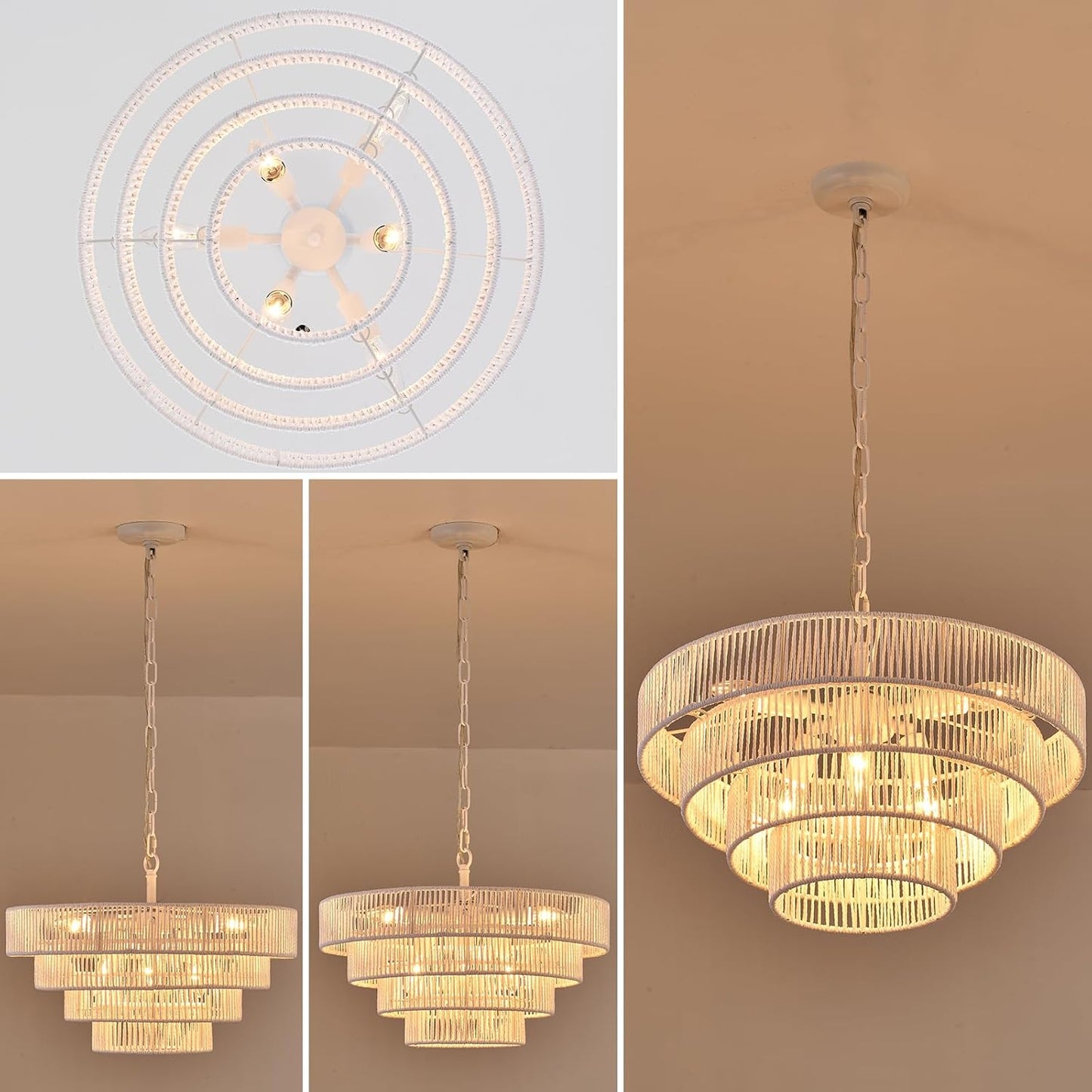 6-Lights 20" Hand-Woven Rattan Pendant Light Coastal 4 Round Transitional Minimalist Boho Large Pendant Light, for Kitchen Island Dining Room Living Room Hallway, White, UL Listed