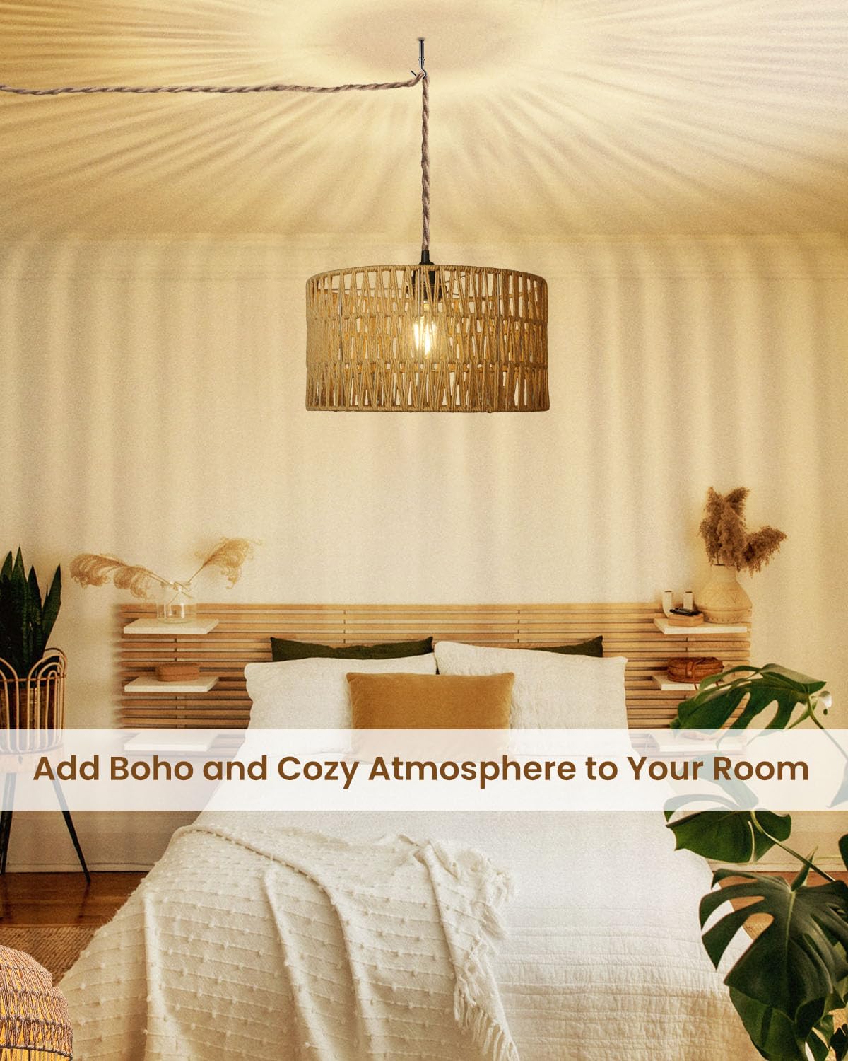 12.6 Inch Boho Hanging Light with Plug in Cord Rattan Hanging Lamp Hand Woven Rattan Wall Lightfor Bedroom, Living Room, Kitchen, Nursery, E26 Base, Indoor,Without Bulb
