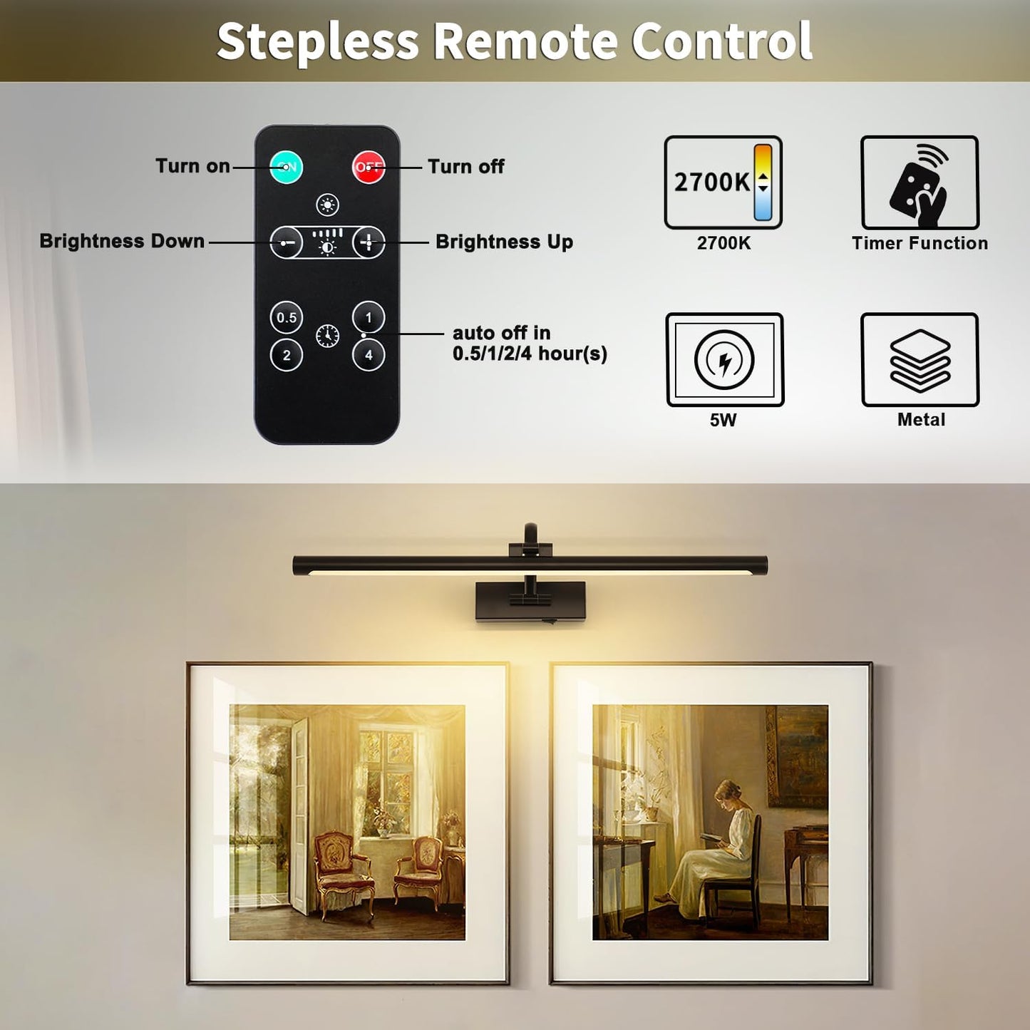 Dimmable Black Picture Lights with Remote and Timer Wireless Art Lights Rechargeable Gallery Lighting for Canvas Portrait 24'' Inch 5W Warm White